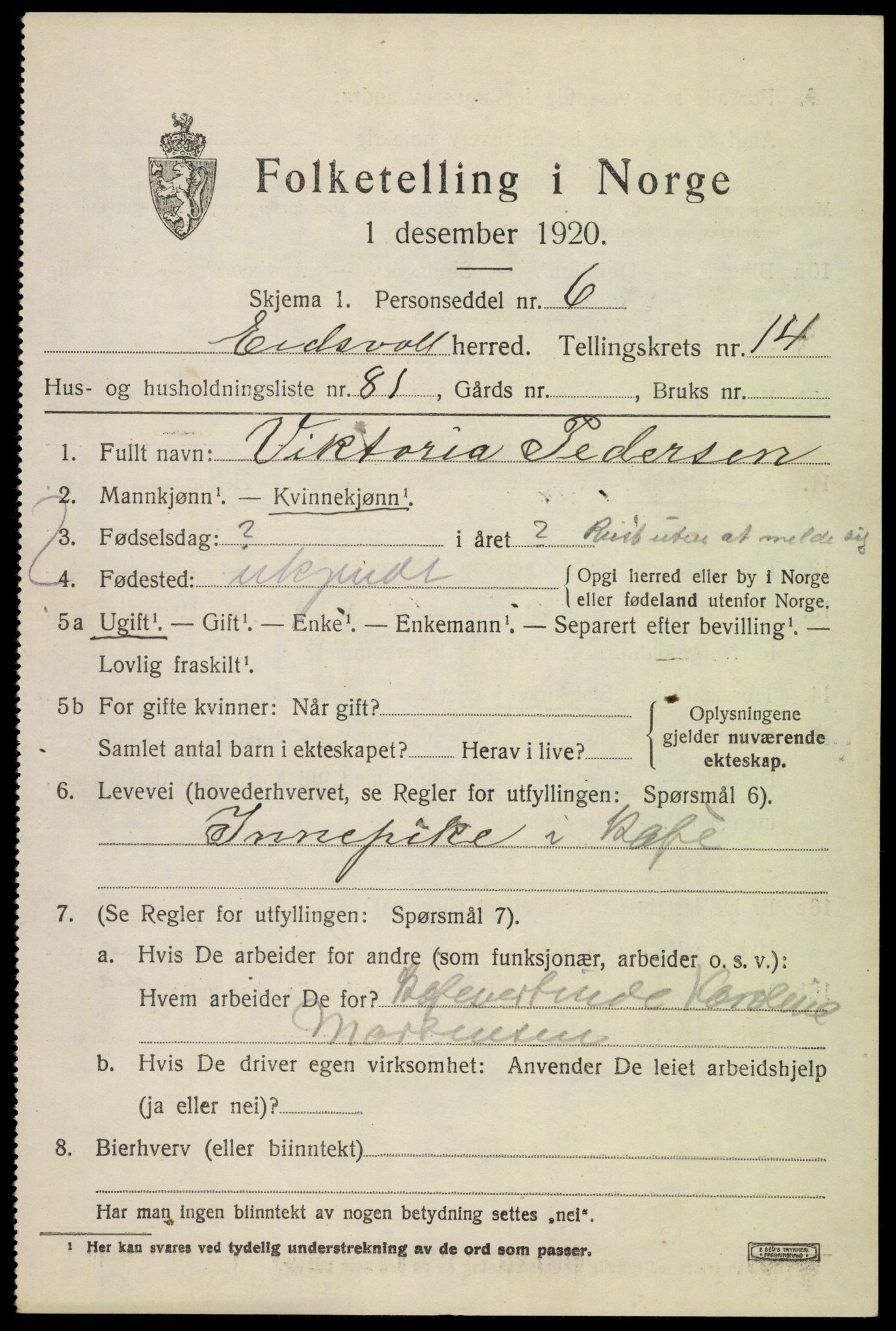 SAO, 1920 census for Eidsvoll, 1920, p. 22049