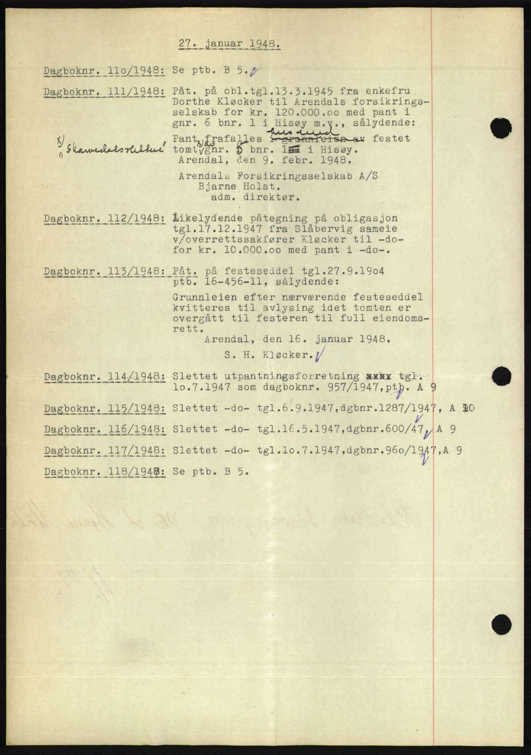 Nedenes sorenskriveri, SAK/1221-0006/G/Gb/Gba/L0058: Mortgage book no. A10, 1947-1948, Diary no: : 110/1948