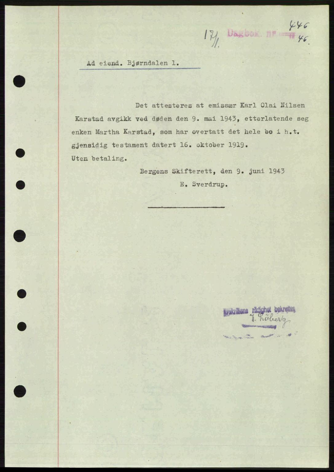 Byfogd og Byskriver i Bergen, AV/SAB-A-3401/03/03Bc/L0022: Mortgage book no. A18, 1946-1946, Diary no: : 446/1946