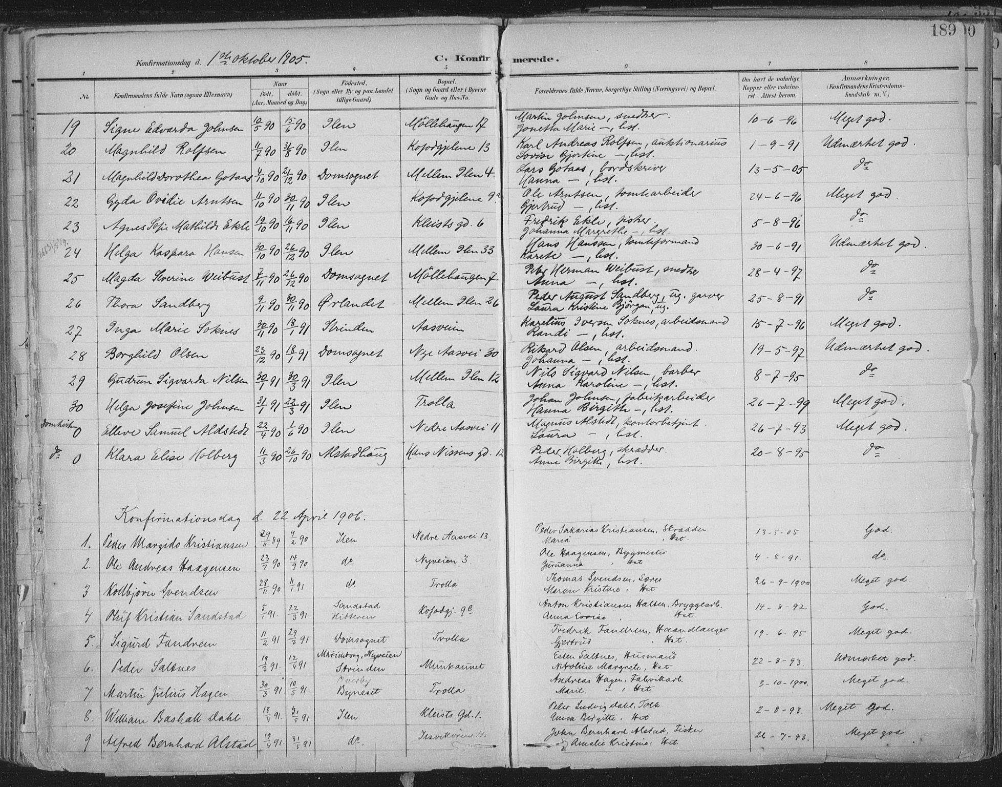 Ministerialprotokoller, klokkerbøker og fødselsregistre - Sør-Trøndelag, SAT/A-1456/603/L0167: Parish register (official) no. 603A06, 1896-1932, p. 189