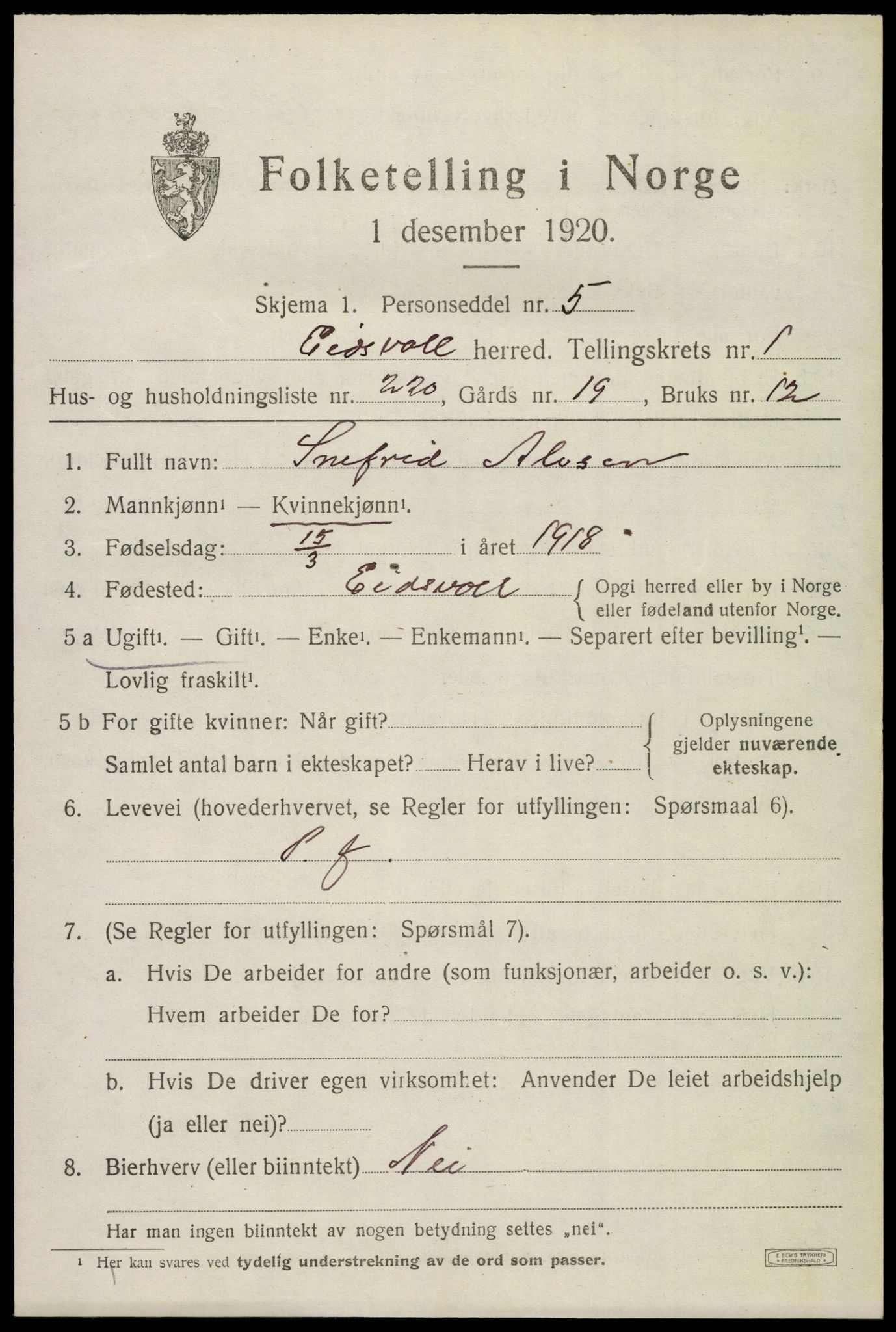 SAO, 1920 census for Eidsvoll, 1920, p. 6635