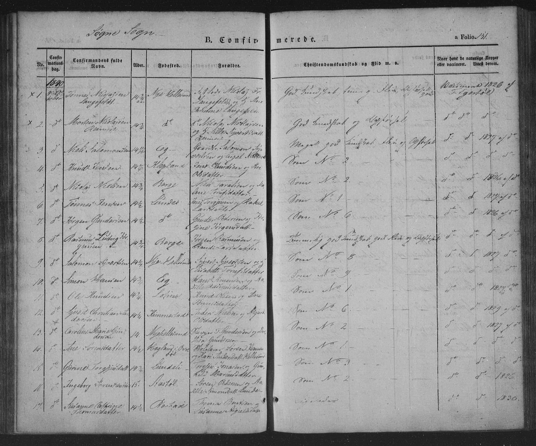 Søgne sokneprestkontor, SAK/1111-0037/F/Fa/Fab/L0009: Parish register (official) no. A 9, 1838-1853, p. 151