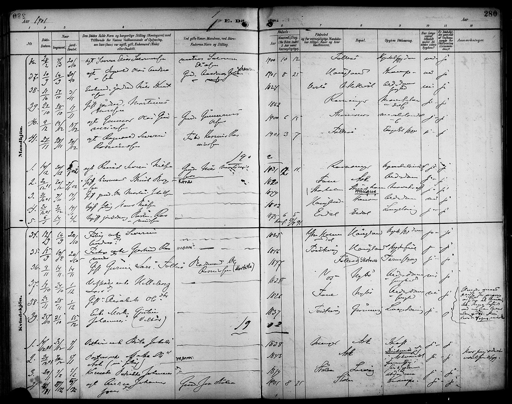 Askøy Sokneprestembete, AV/SAB-A-74101/H/Ha/Haa/Haab/L0002: Parish register (official) no. B 2, 1889-1902, p. 280