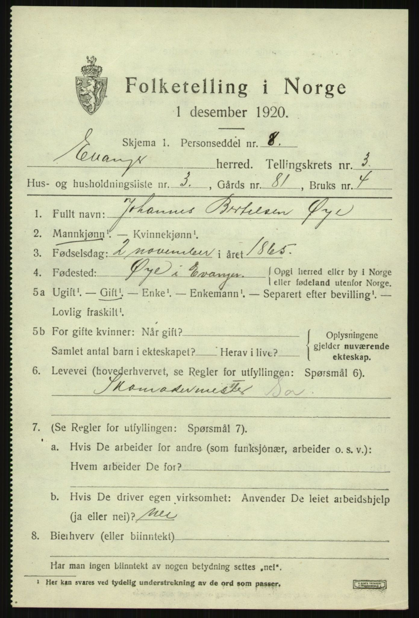 SAB, 1920 census for Evanger, 1920, p. 1049