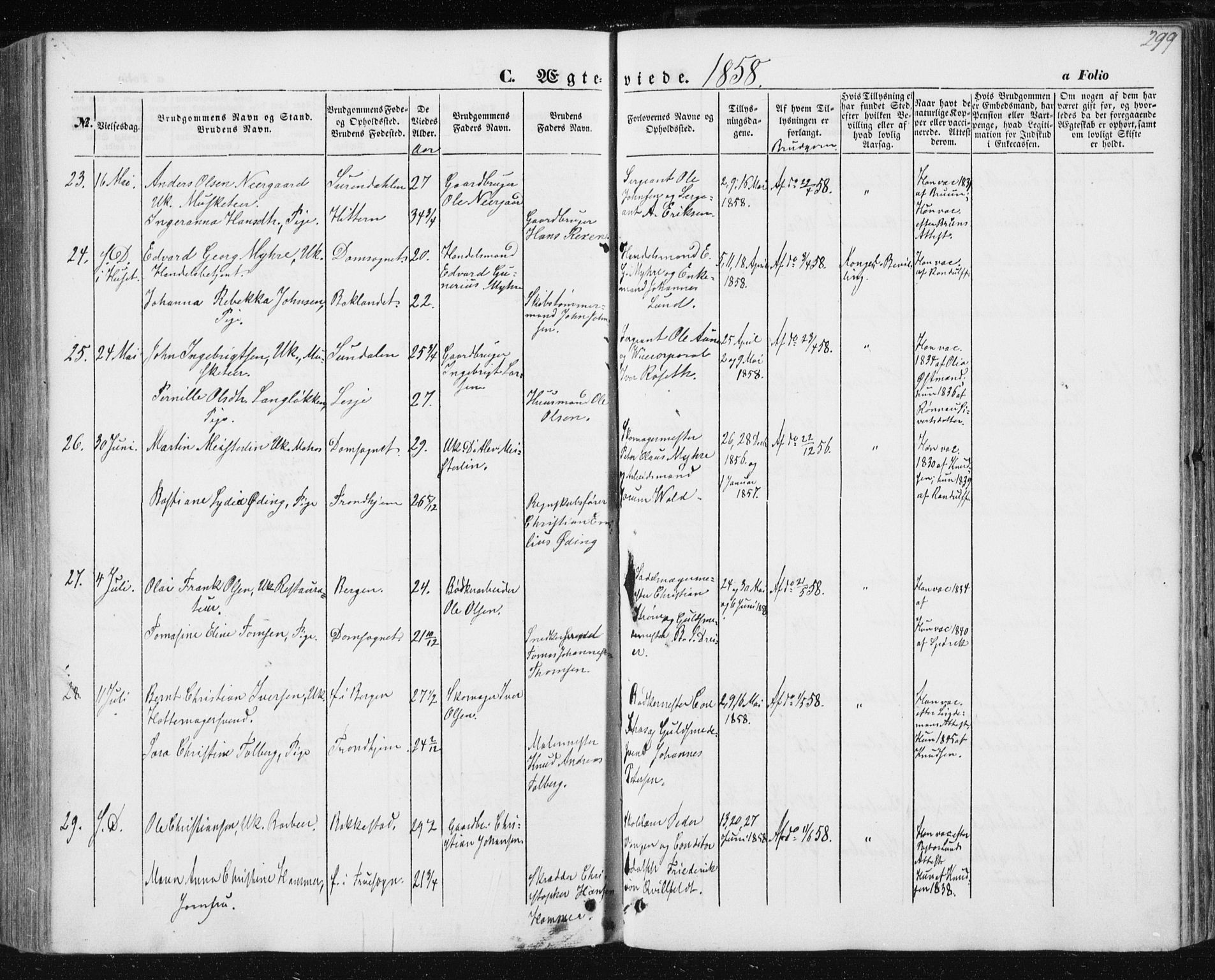 Ministerialprotokoller, klokkerbøker og fødselsregistre - Sør-Trøndelag, AV/SAT-A-1456/602/L0112: Parish register (official) no. 602A10, 1848-1859, p. 299