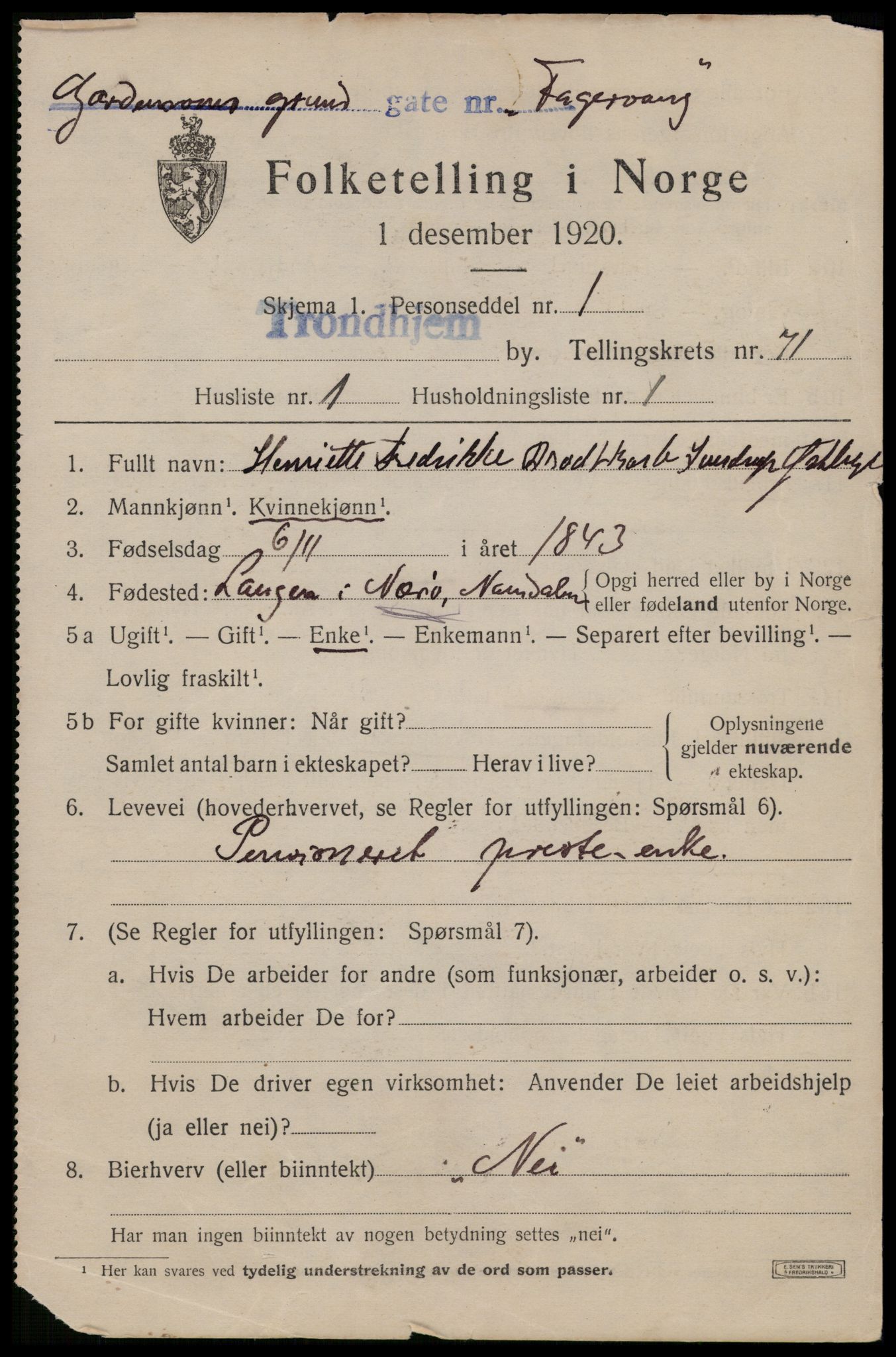 SAT, 1920 census for Trondheim, 1920, p. 139456