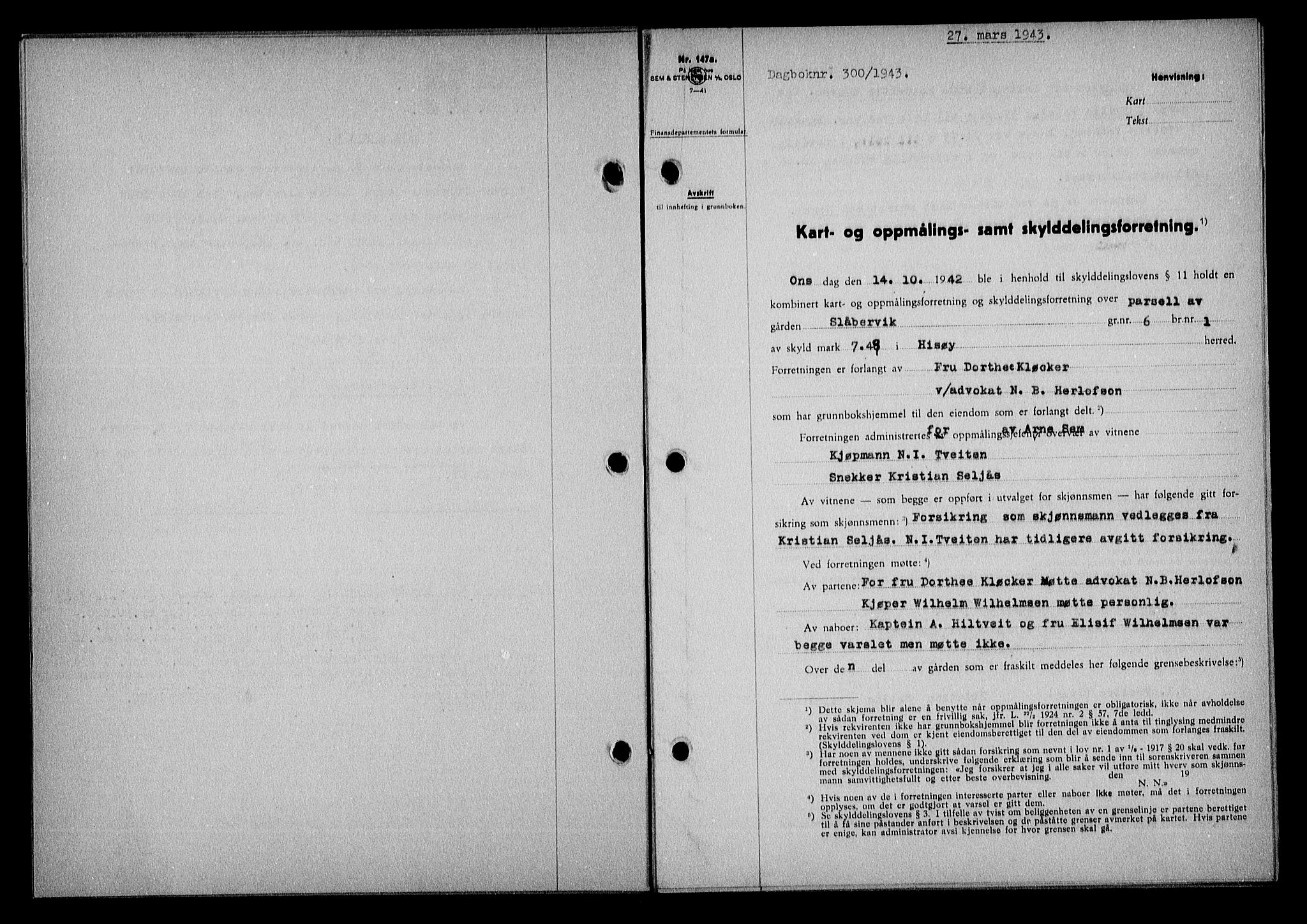Nedenes sorenskriveri, SAK/1221-0006/G/Gb/Gba/L0050: Mortgage book no. A-IV, 1942-1943, Diary no: : 300/1943