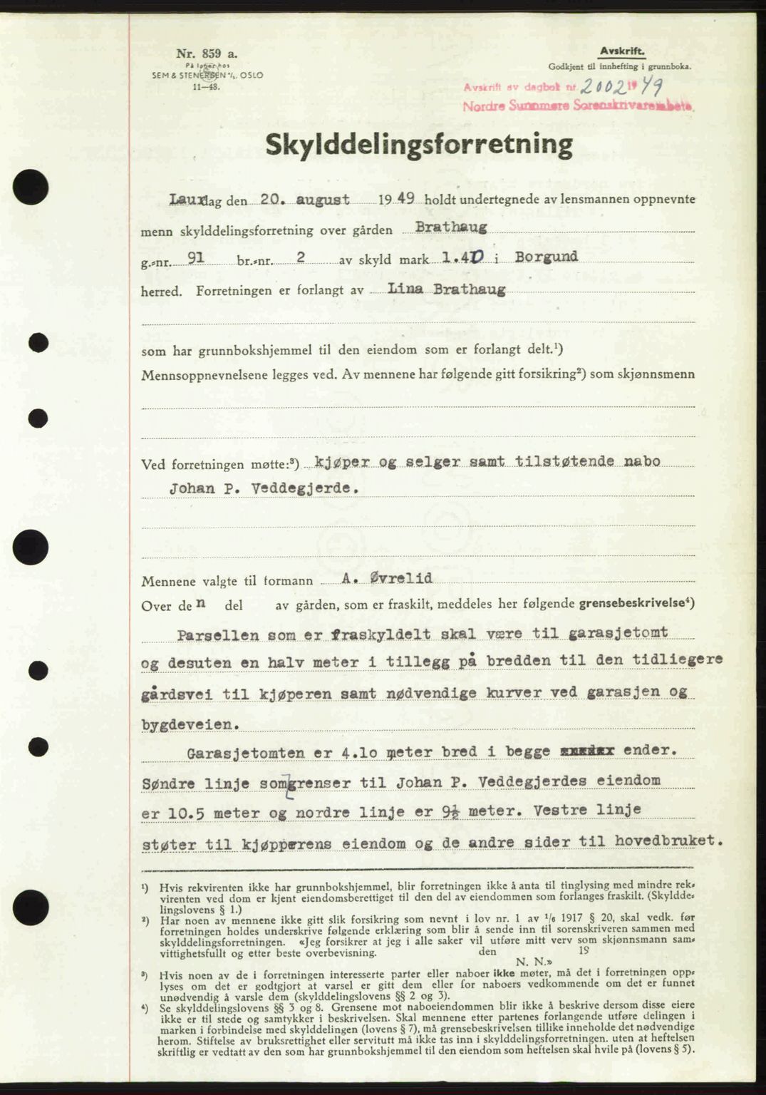 Nordre Sunnmøre sorenskriveri, AV/SAT-A-0006/1/2/2C/2Ca: Mortgage book no. A32, 1949-1949, Diary no: : 2002/1949