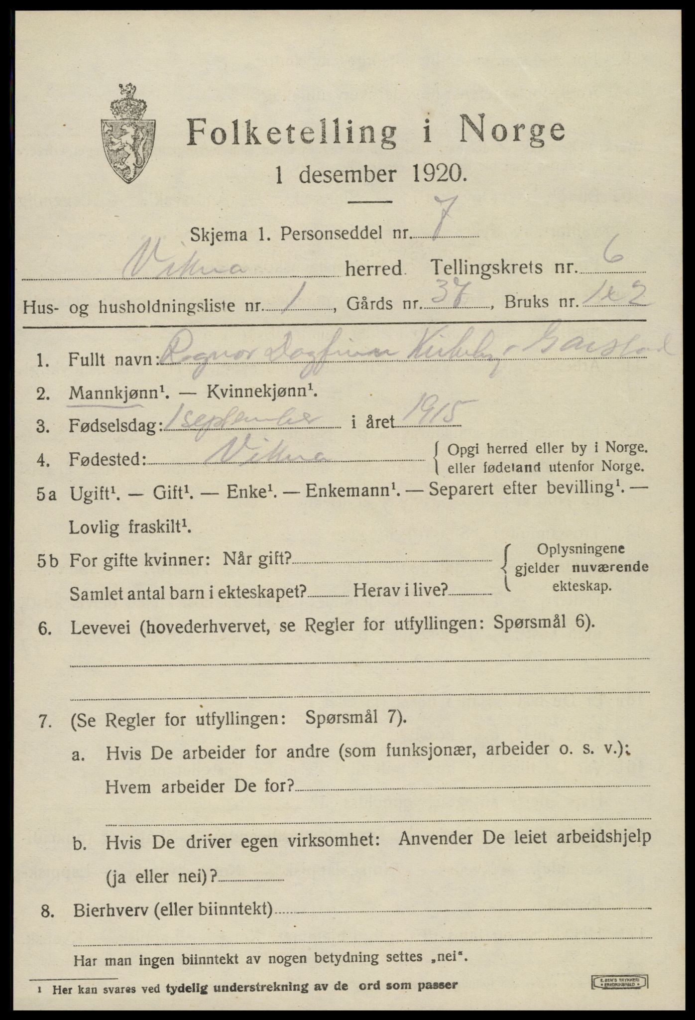 SAT, 1920 census for Vikna, 1920, p. 5009