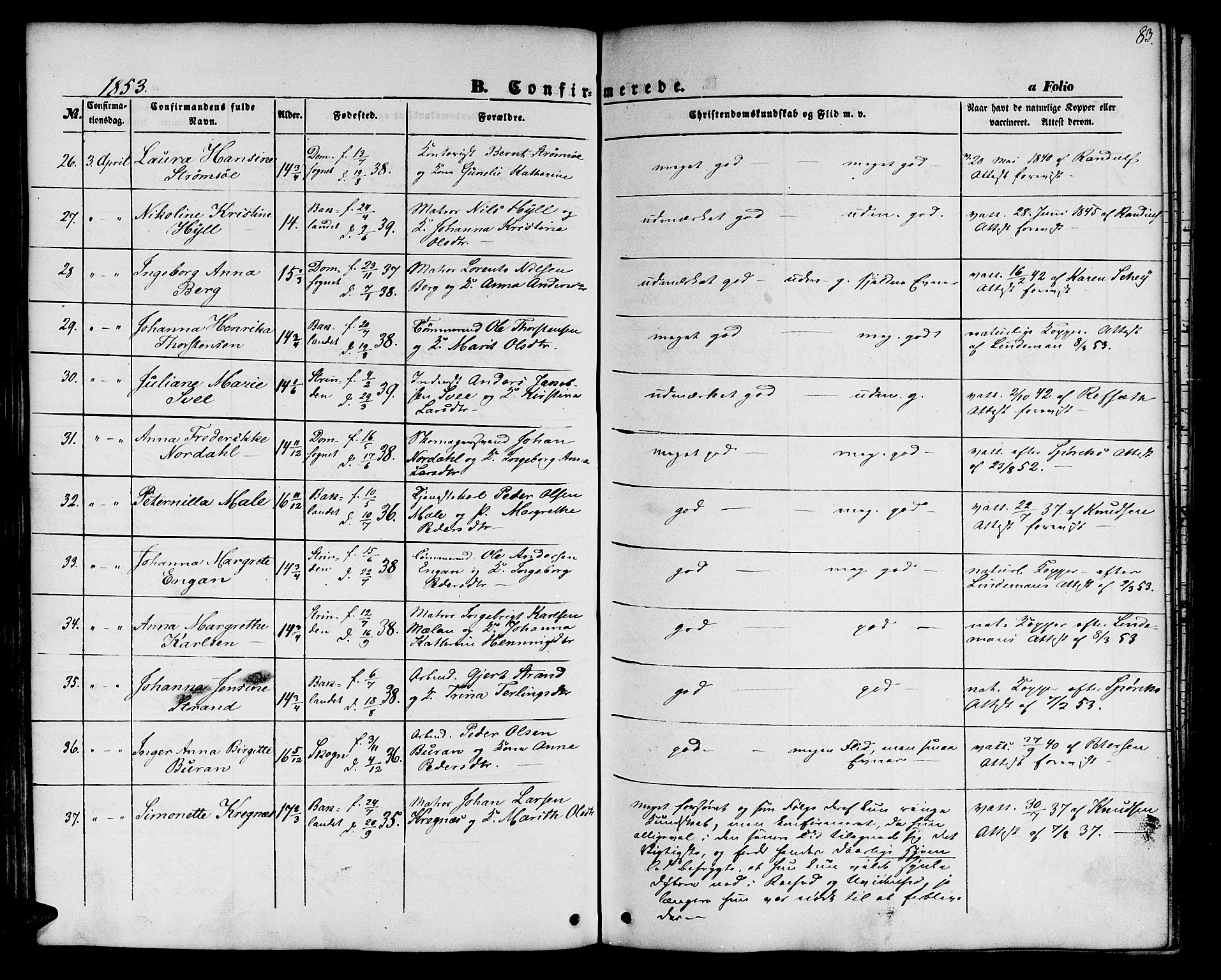 Ministerialprotokoller, klokkerbøker og fødselsregistre - Sør-Trøndelag, SAT/A-1456/604/L0184: Parish register (official) no. 604A05, 1851-1860, p. 83