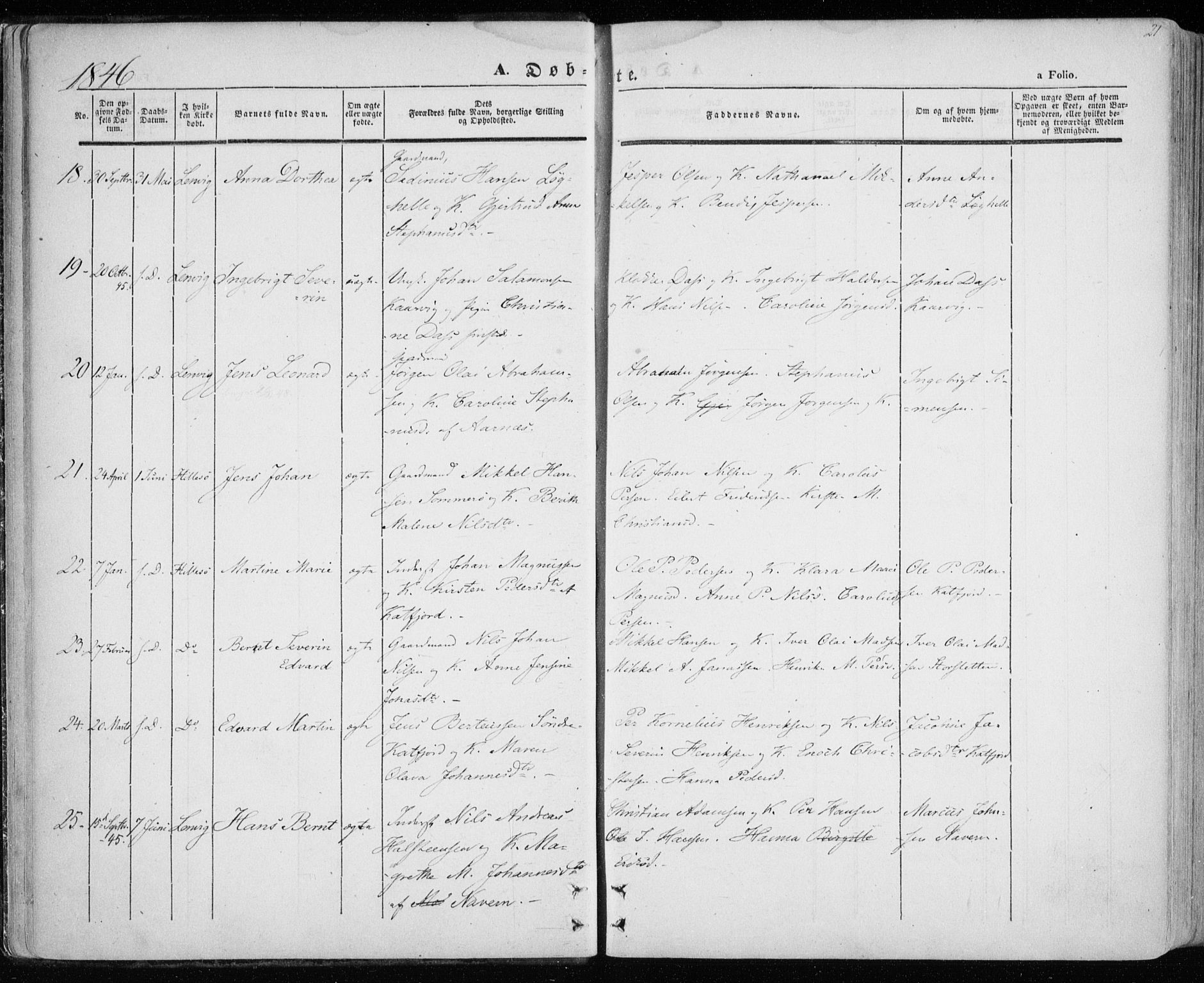 Lenvik sokneprestembete, AV/SATØ-S-1310/H/Ha/Haa/L0006kirke: Parish register (official) no. 6, 1845-1854, p. 21