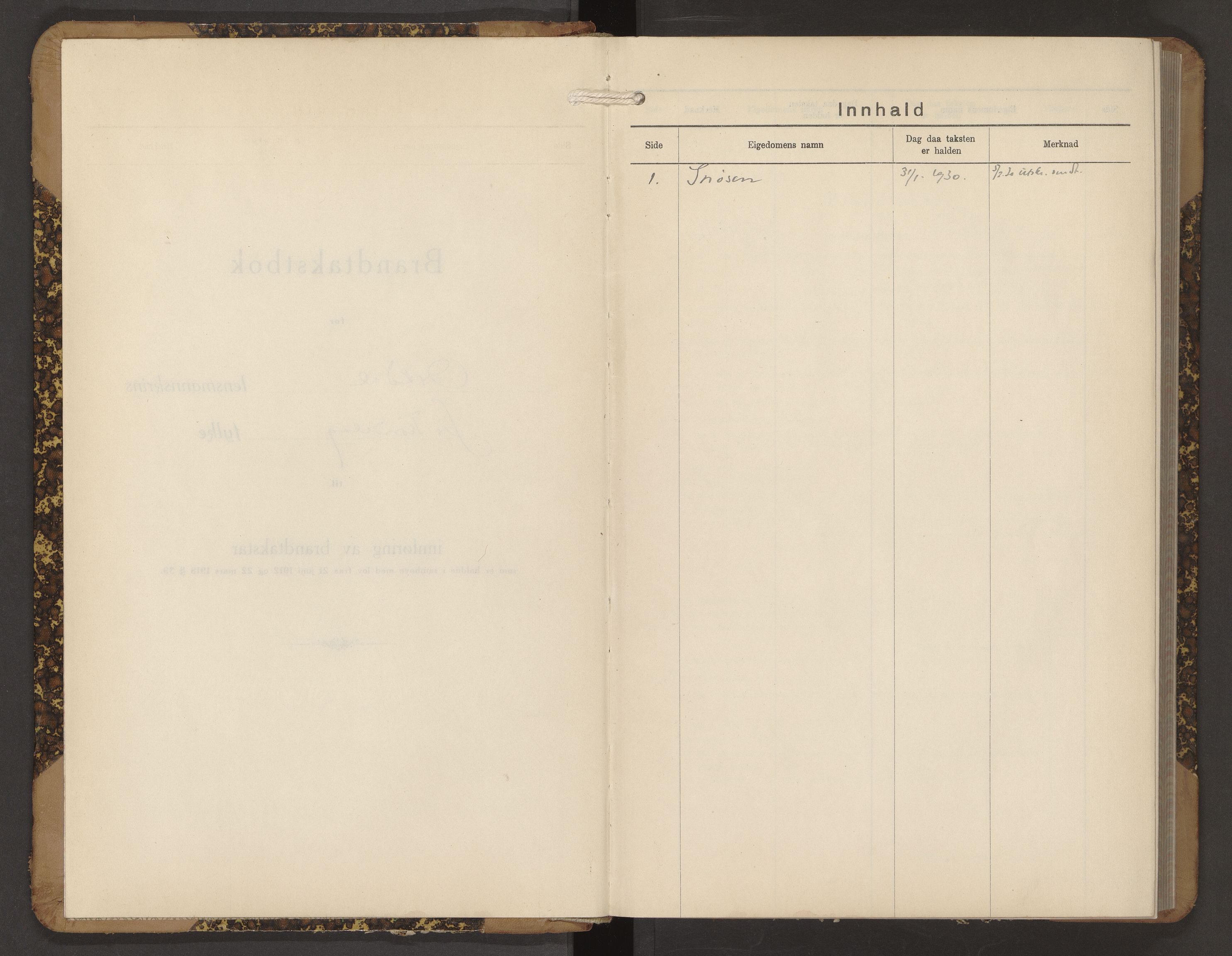 Norges Brannkasse Orkdal, AV/SAT-A-5530/Fb/L0001: Branntakstprotokoll, 1930-1951