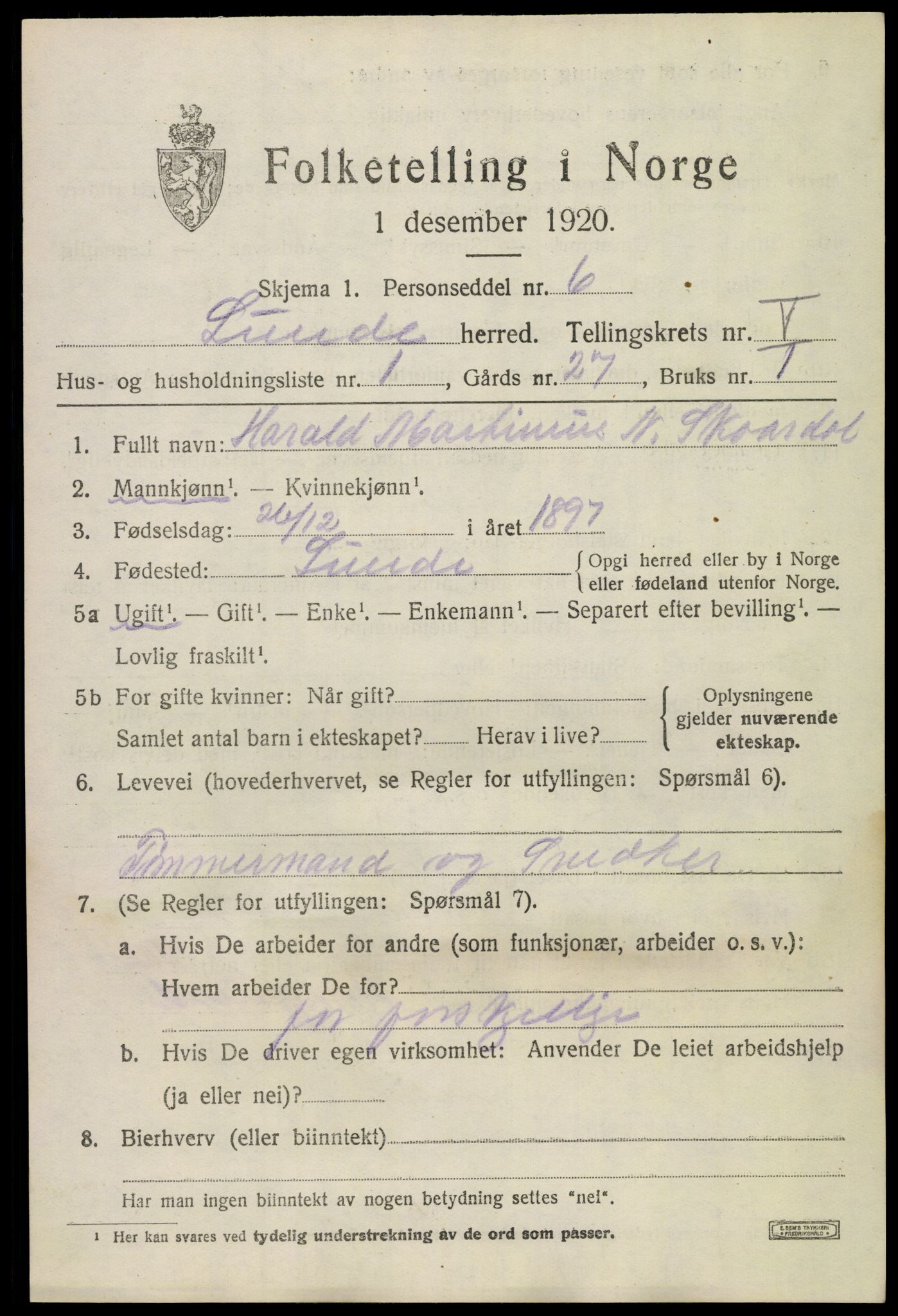 SAKO, 1920 census for Lunde, 1920, p. 3413