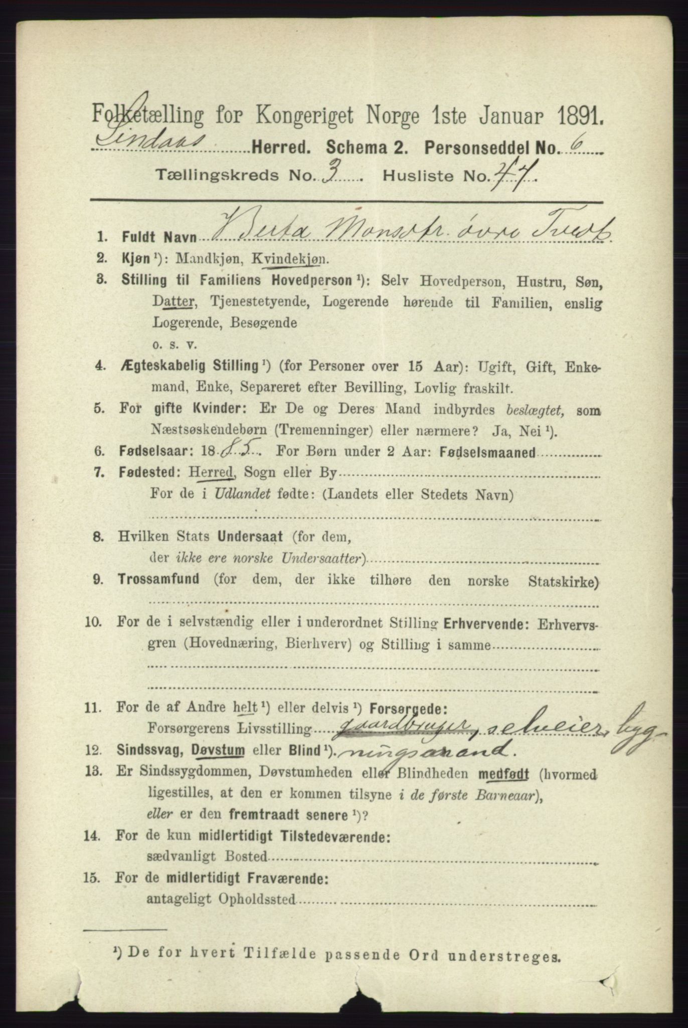 RA, 1891 census for 1263 Lindås, 1891, p. 1088