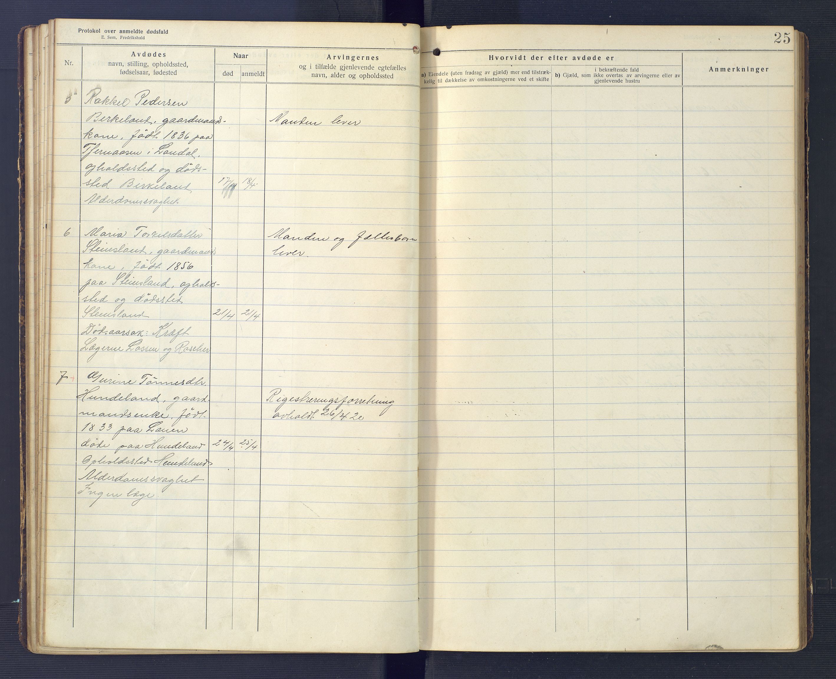 Hægebostad og Eiken lensmannskontor, AV/SAK-1241-0023/F/Fe/L0002: Dødsfallsprotokoll nr 34, 1917-1932, p. 25