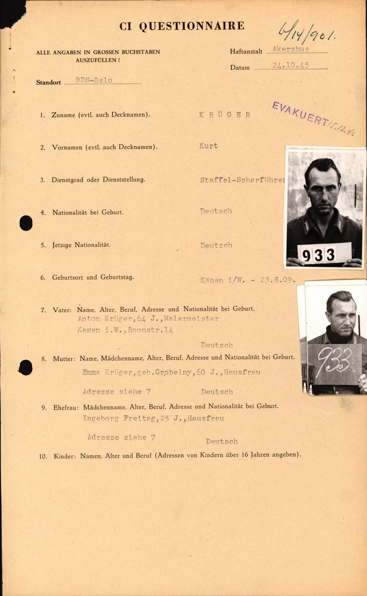 Forsvaret, Forsvarets overkommando II, AV/RA-RAFA-3915/D/Db/L0018: CI Questionaires. Tyske okkupasjonsstyrker i Norge. Tyskere., 1945-1946, p. 375