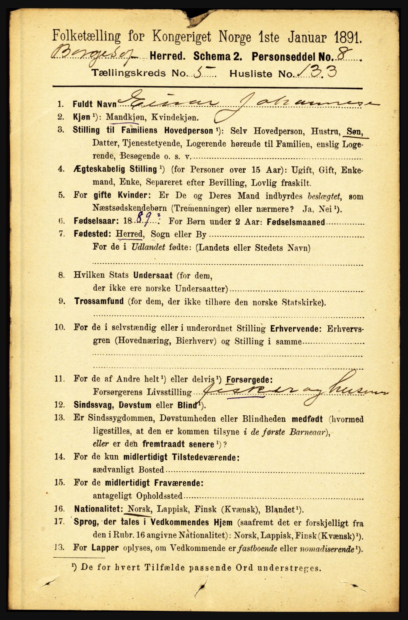 RA, 1891 census for 1862 Borge, 1891, p. 3862