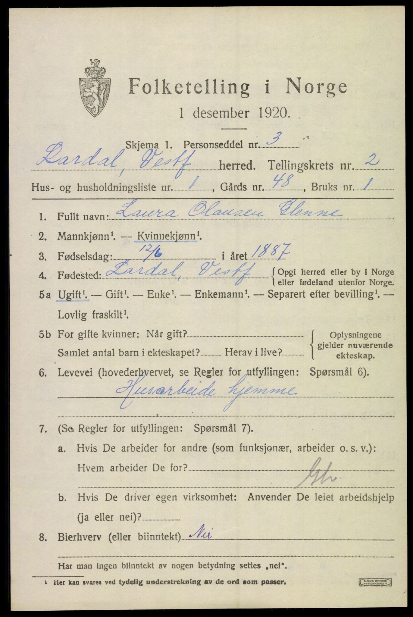 SAKO, 1920 census for Lardal, 1920, p. 1981