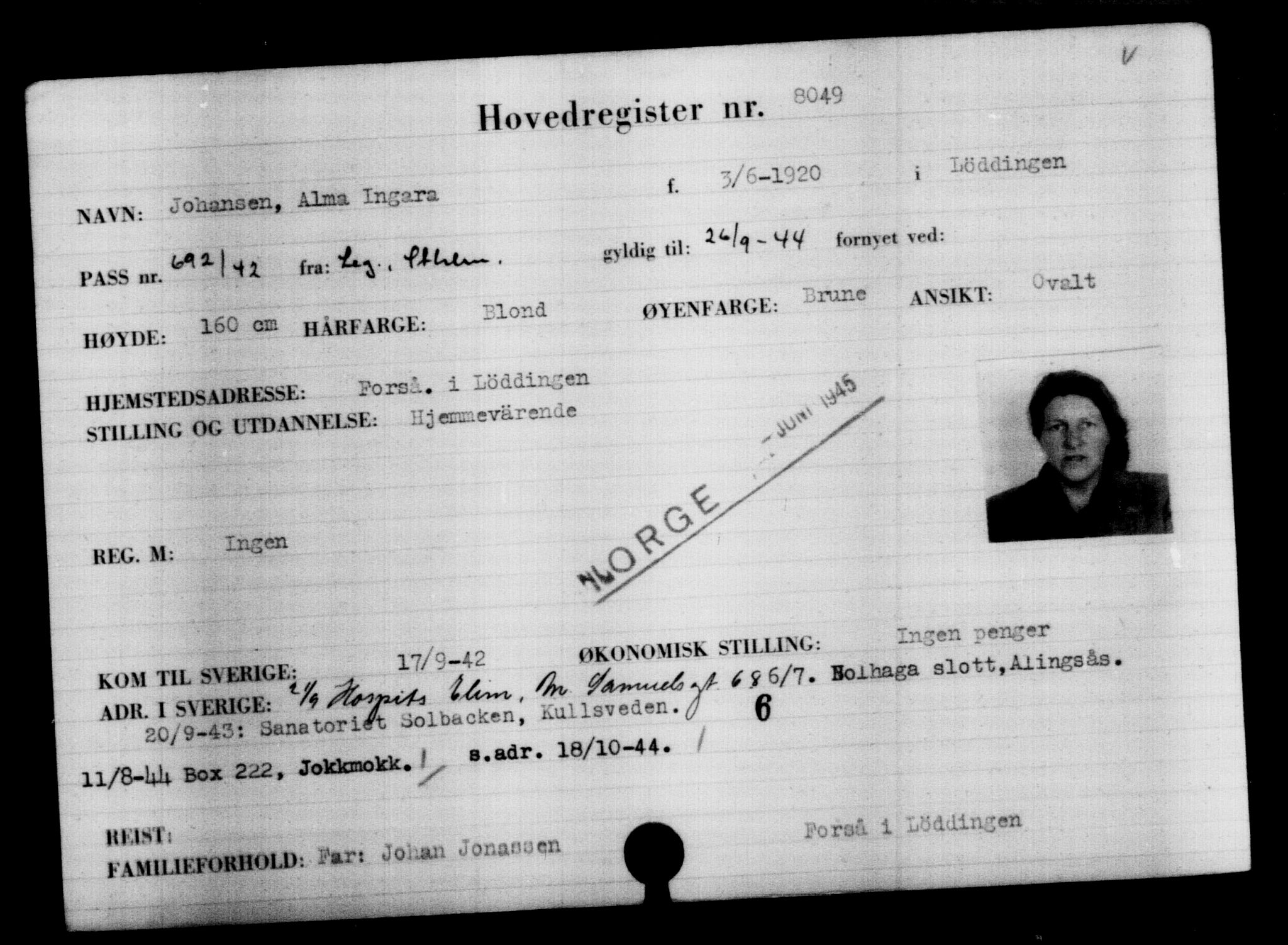 Utenriksstasjonene, Legasjonen i Stockholm, Flyktningkontoret, AV/RA-S-6753/V/Va/L0005: Kjesäterkartoteket, flyktninger med registreringsnr. 6600-9417, 1940-1945, p. 1696