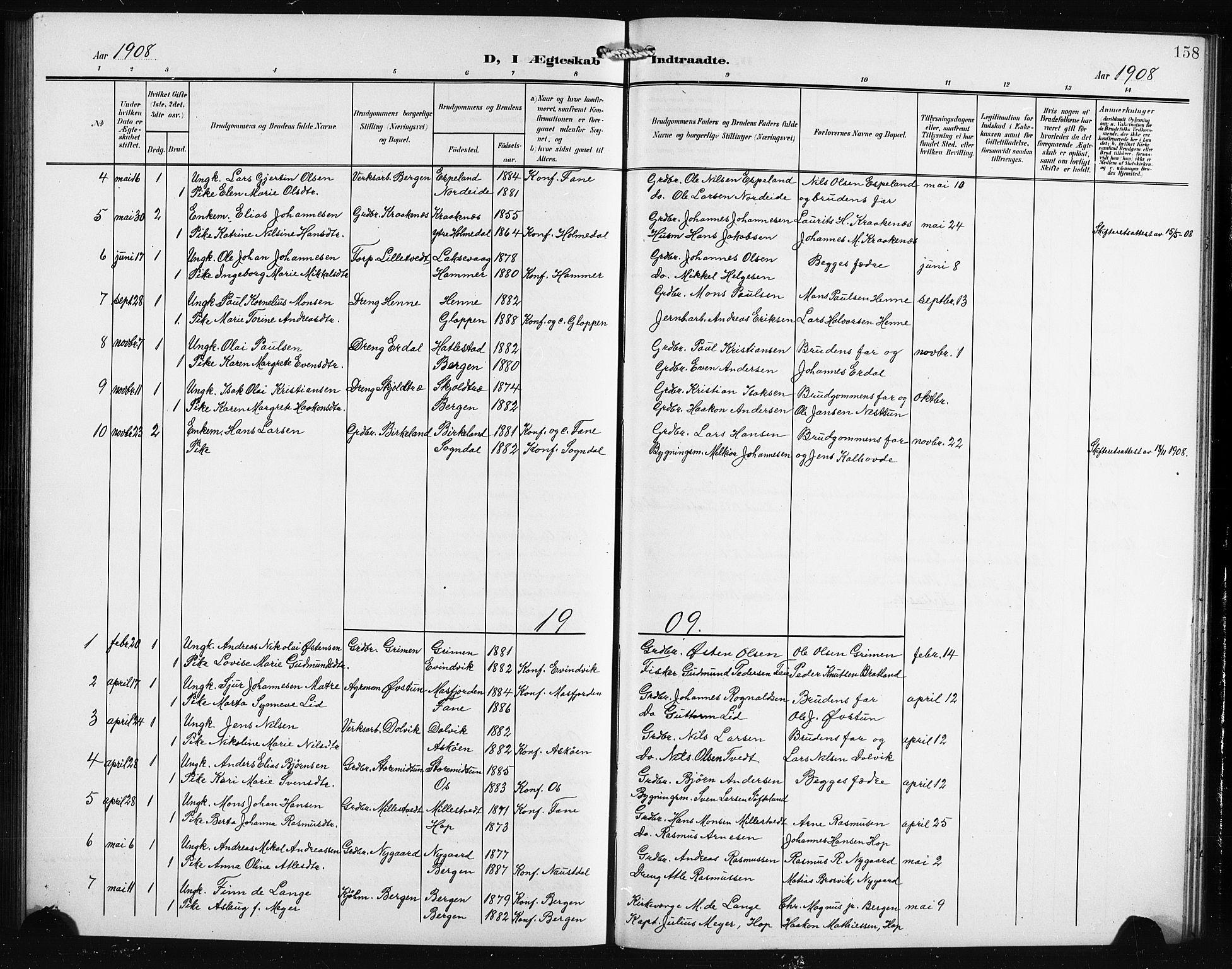 Birkeland Sokneprestembete, SAB/A-74601/H/Hab: Parish register (copy) no. A 6, 1906-1915, p. 158