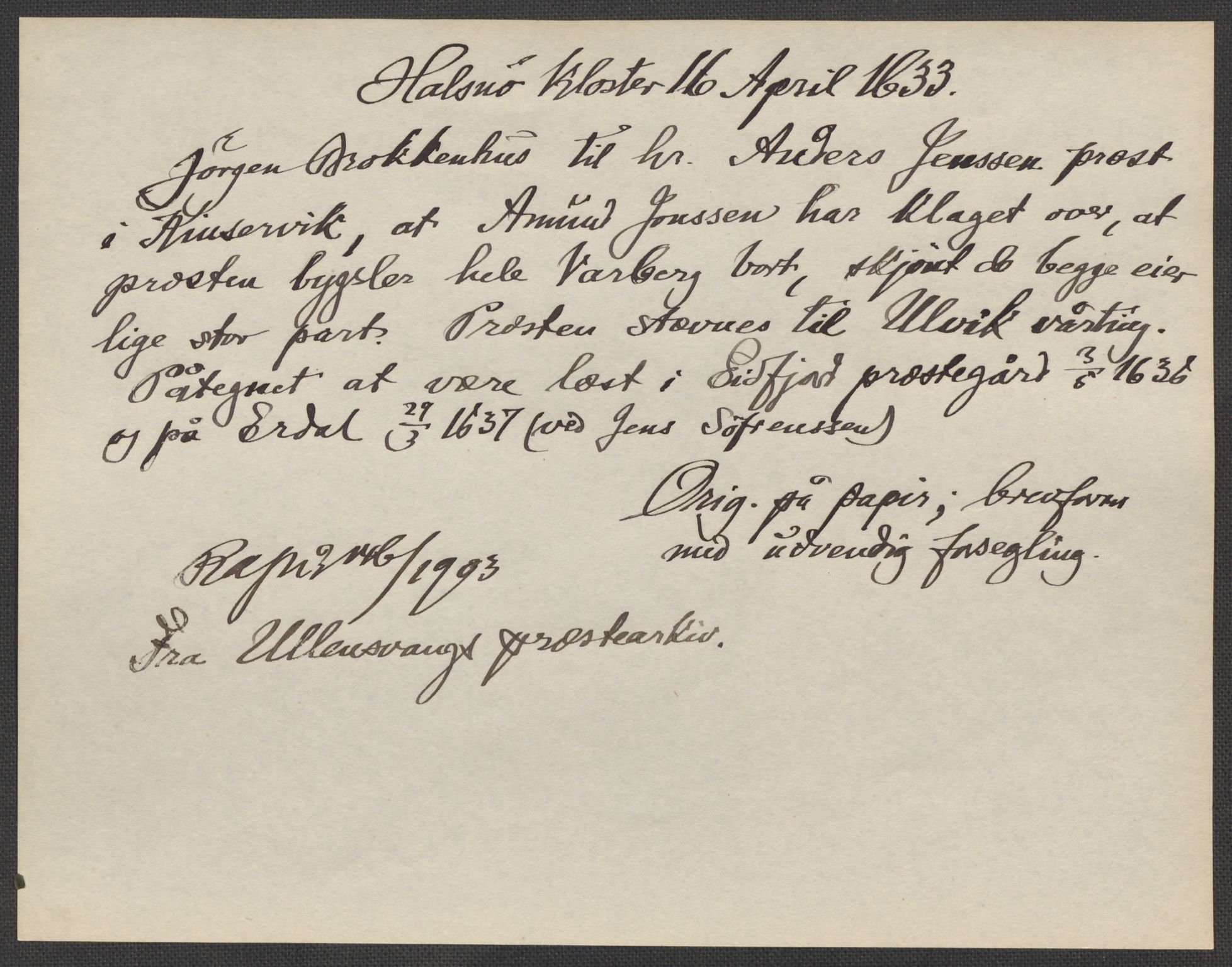 Riksarkivets diplomsamling, AV/RA-EA-5965/F15/L0037: Prestearkiv - Hordaland, 1577-1733, p. 41