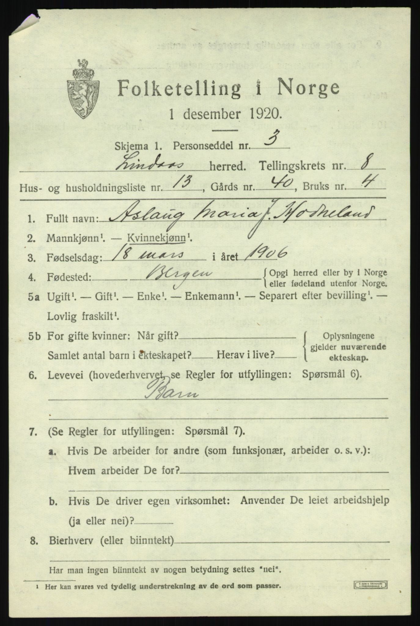 SAB, 1920 census for Lindås, 1920, p. 4409