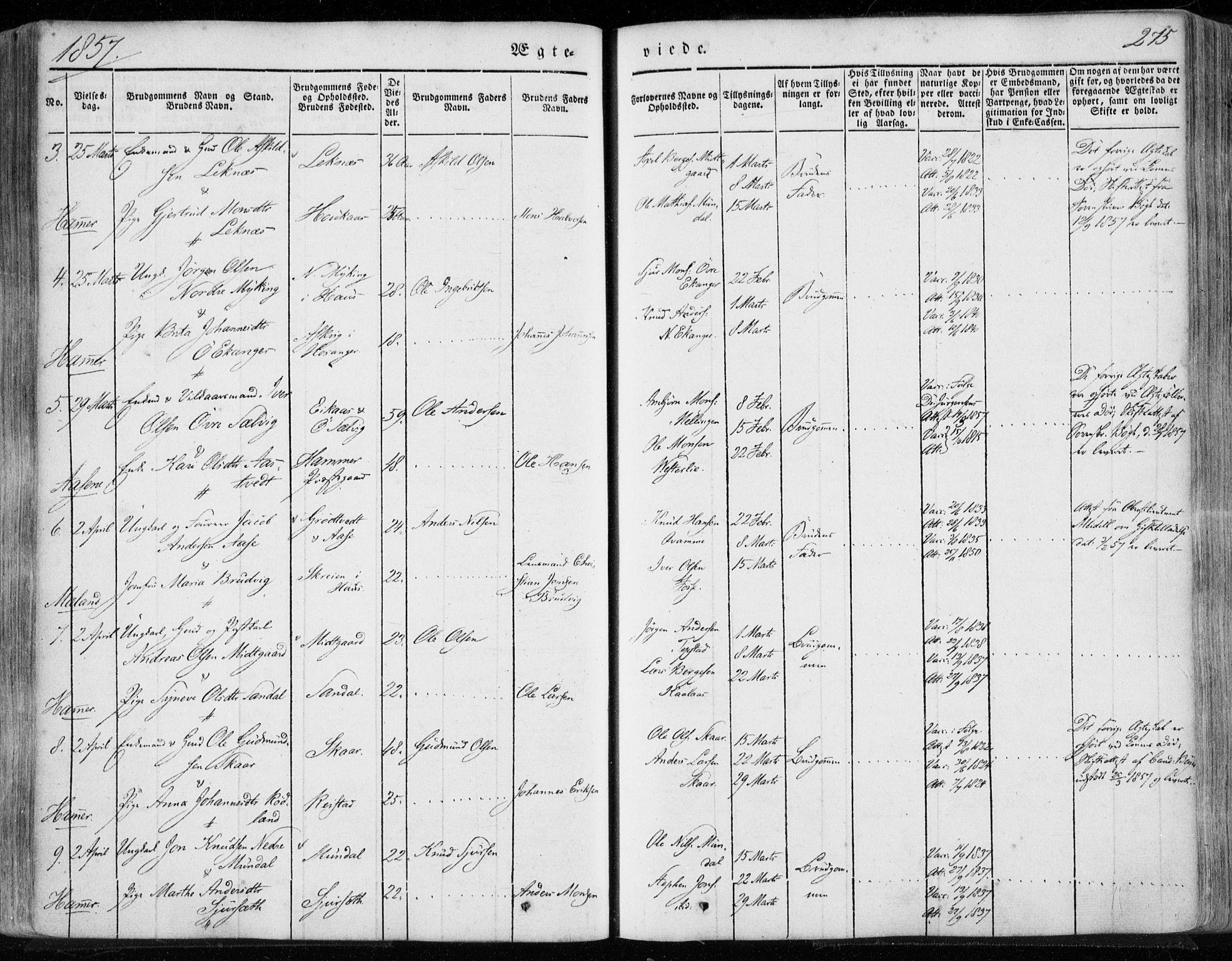 Hamre sokneprestembete, SAB/A-75501/H/Ha/Haa/Haaa/L0013: Parish register (official) no. A 13, 1846-1857, p. 275