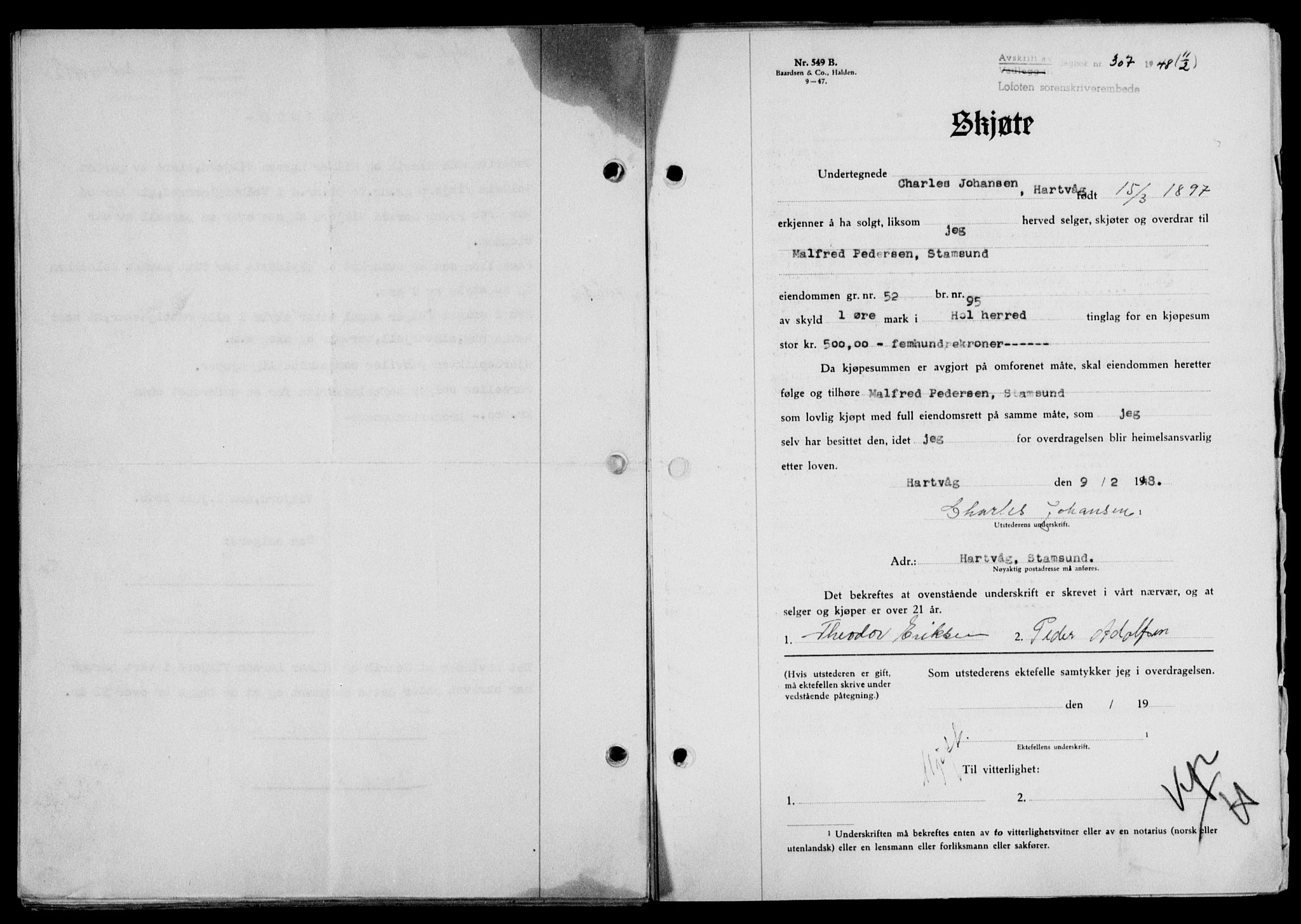 Lofoten sorenskriveri, SAT/A-0017/1/2/2C/L0017a: Mortgage book no. 17a, 1947-1948, Diary no: : 307/1948