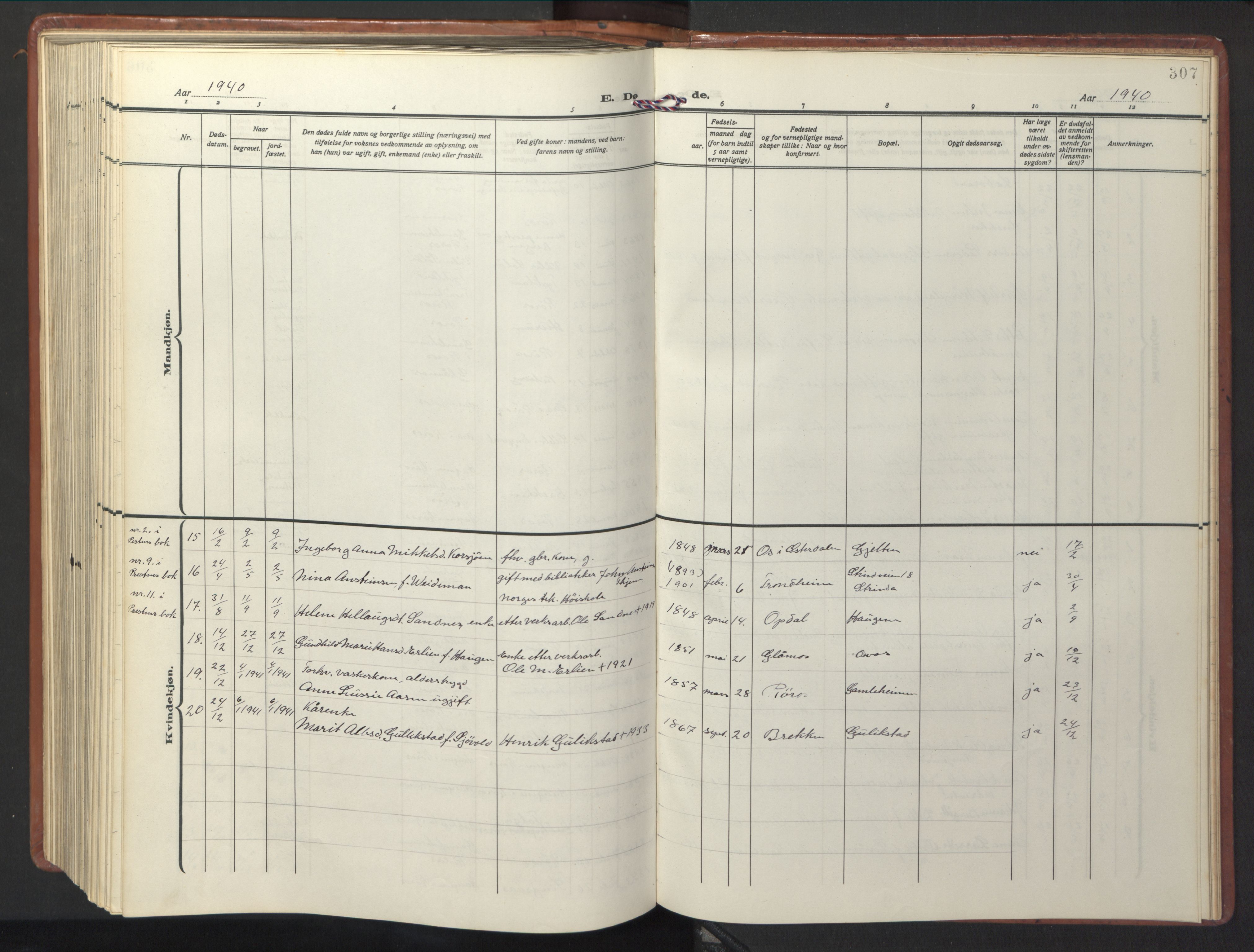 Ministerialprotokoller, klokkerbøker og fødselsregistre - Sør-Trøndelag, SAT/A-1456/681/L0943: Parish register (copy) no. 681C07, 1926-1954, p. 307