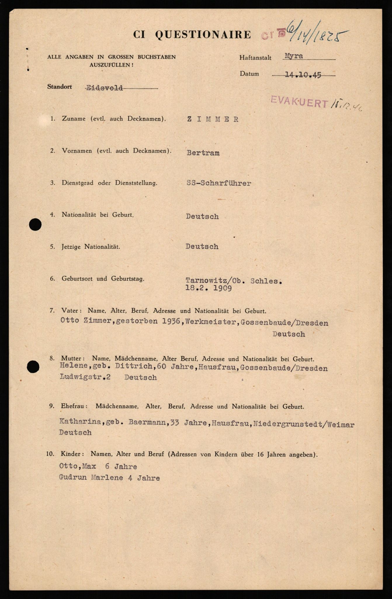 Forsvaret, Forsvarets overkommando II, RA/RAFA-3915/D/Db/L0037: CI Questionaires. Tyske okkupasjonsstyrker i Norge. Tyskere., 1945-1946, p. 344