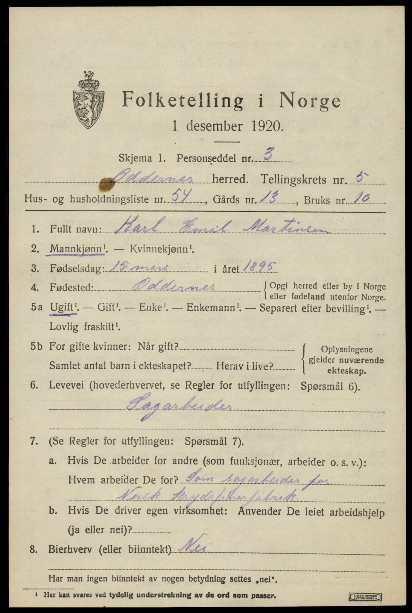 SAK, 1920 census for Oddernes, 1920, p. 4865