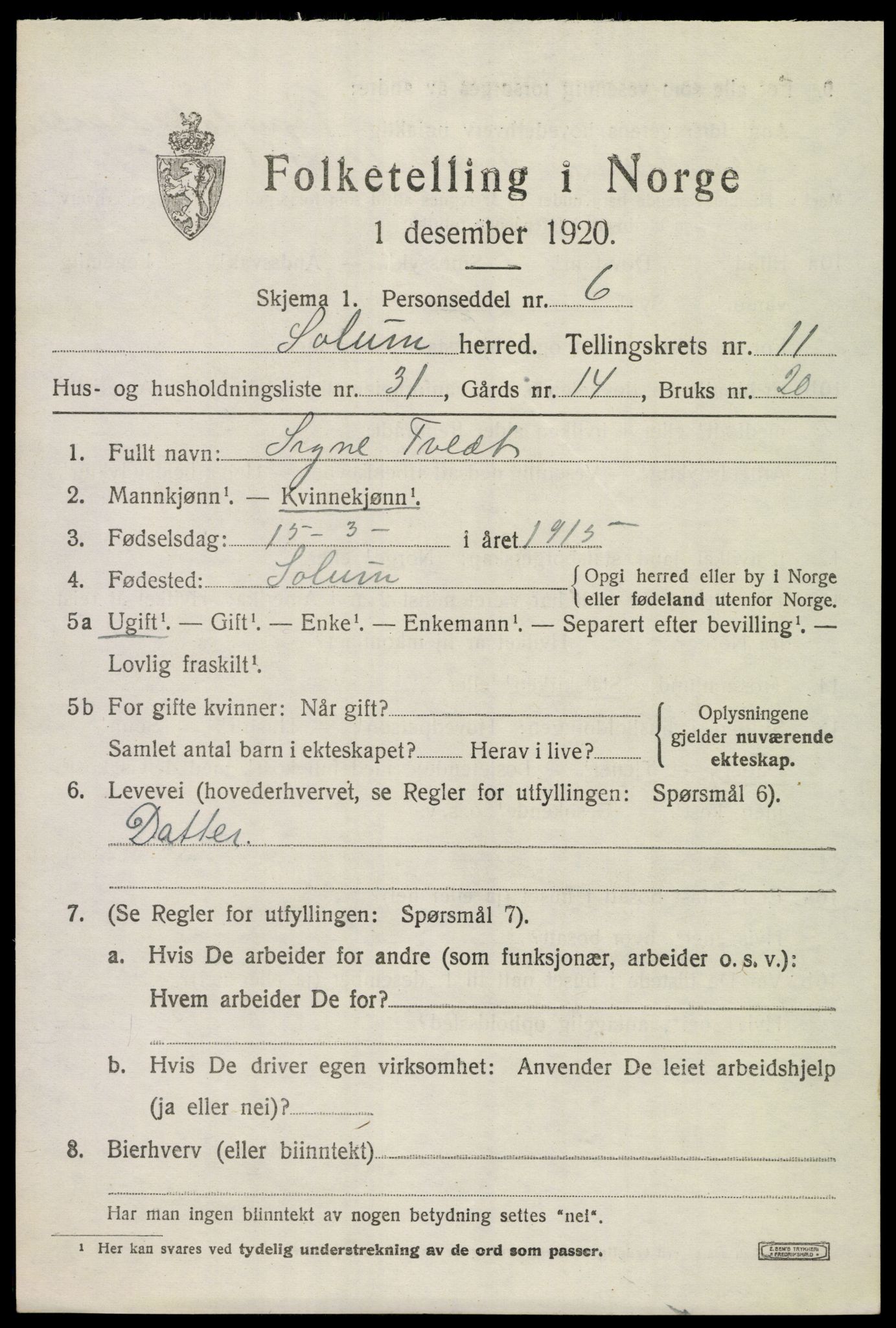 SAKO, 1920 census for Solum, 1920, p. 16162