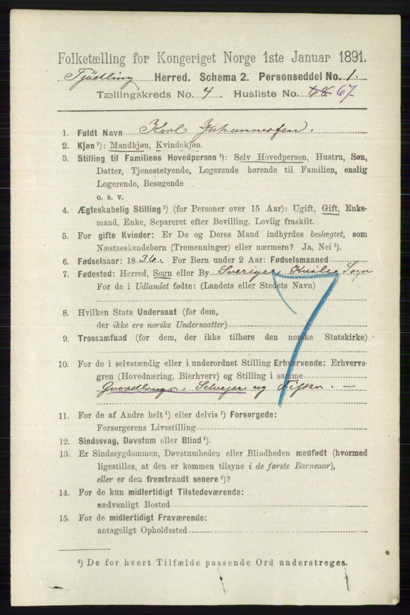 RA, 1891 census for 0725 Tjølling, 1891, p. 1820