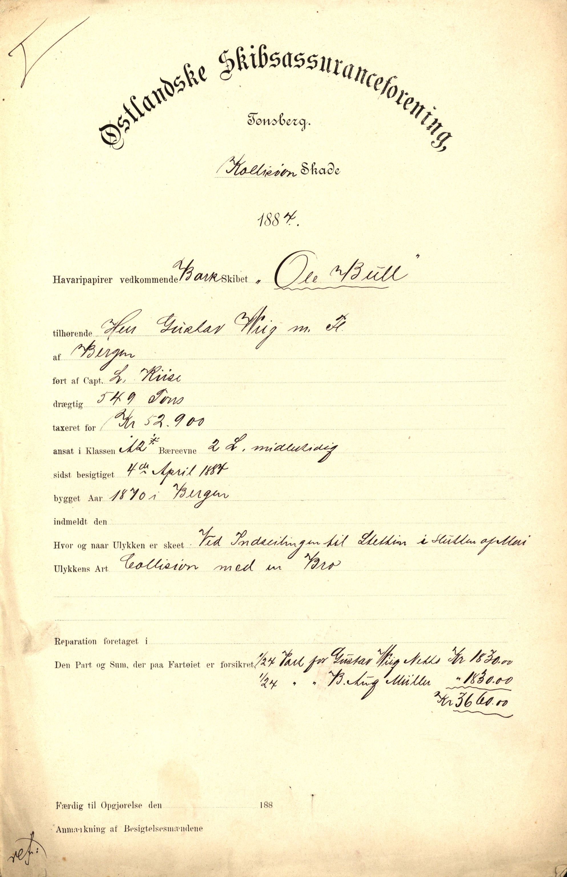 Pa 63 - Østlandske skibsassuranceforening, VEMU/A-1079/G/Ga/L0017/0003: Havaridokumenter / Alma, Aise, Ole Bull, Tellus, Frank, 1884, p. 12