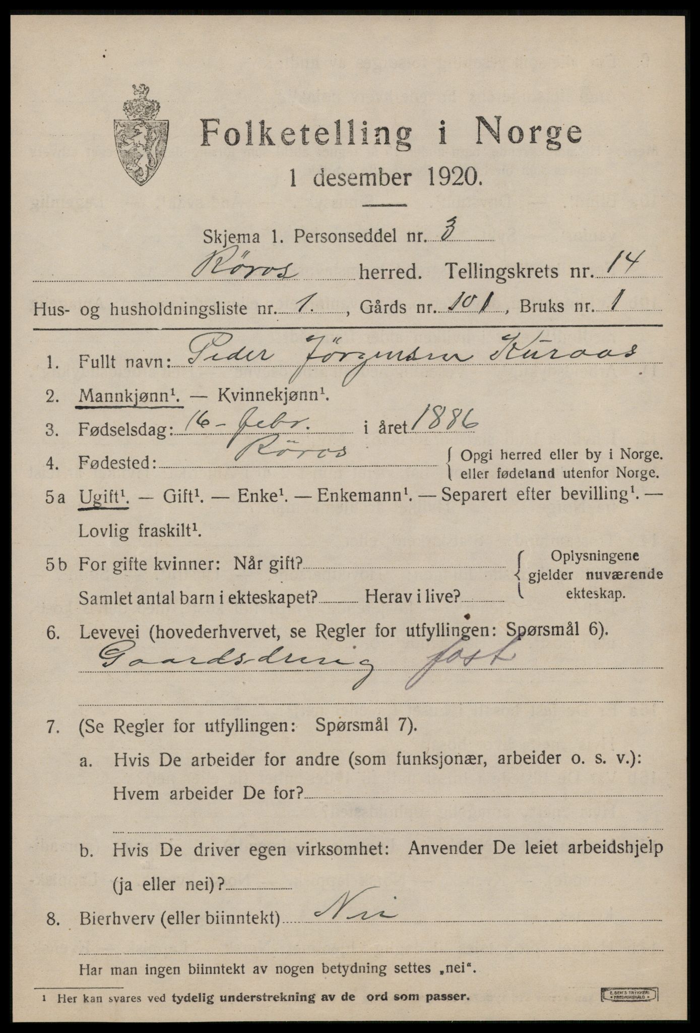 SAT, 1920 census for Røros, 1920, p. 9672