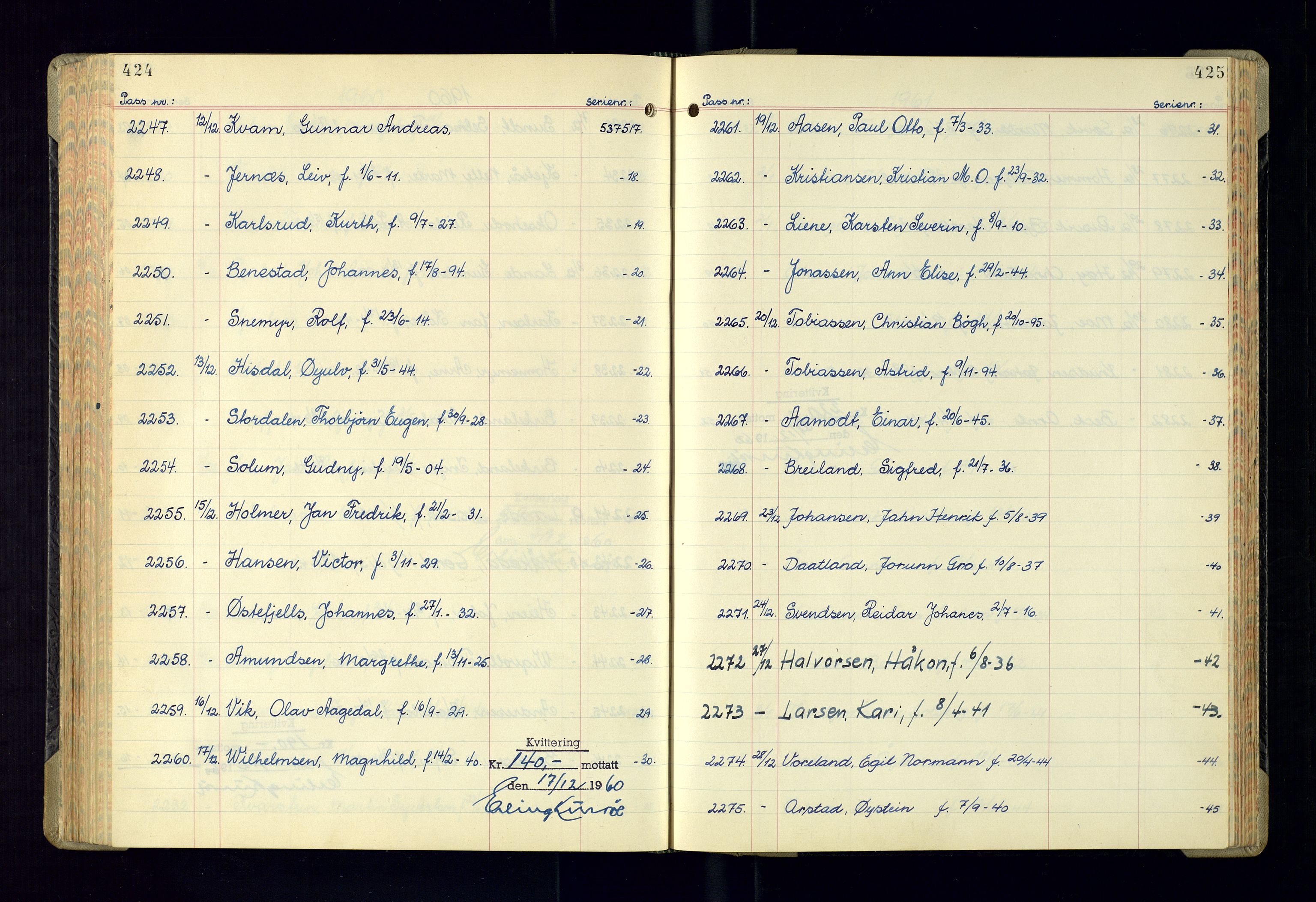 Kristiansand politikammer - 2, AV/SAK-1243-0009/K/Ka/Kaa/L0614: Passprotokoll, liste med løpenumre, 1958-1962, p. 424-425