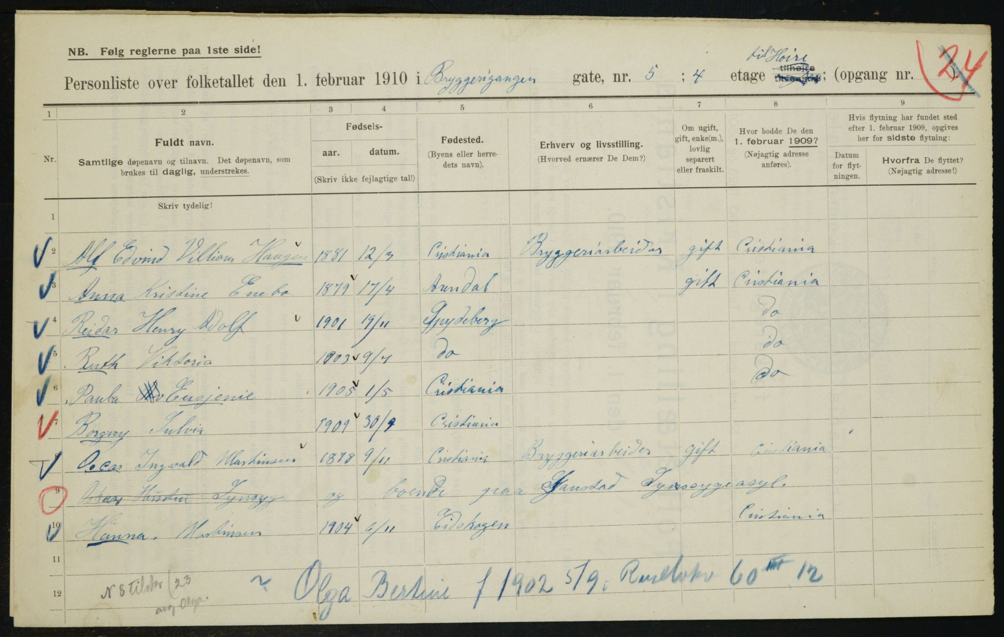 OBA, Municipal Census 1910 for Kristiania, 1910, p. 9854