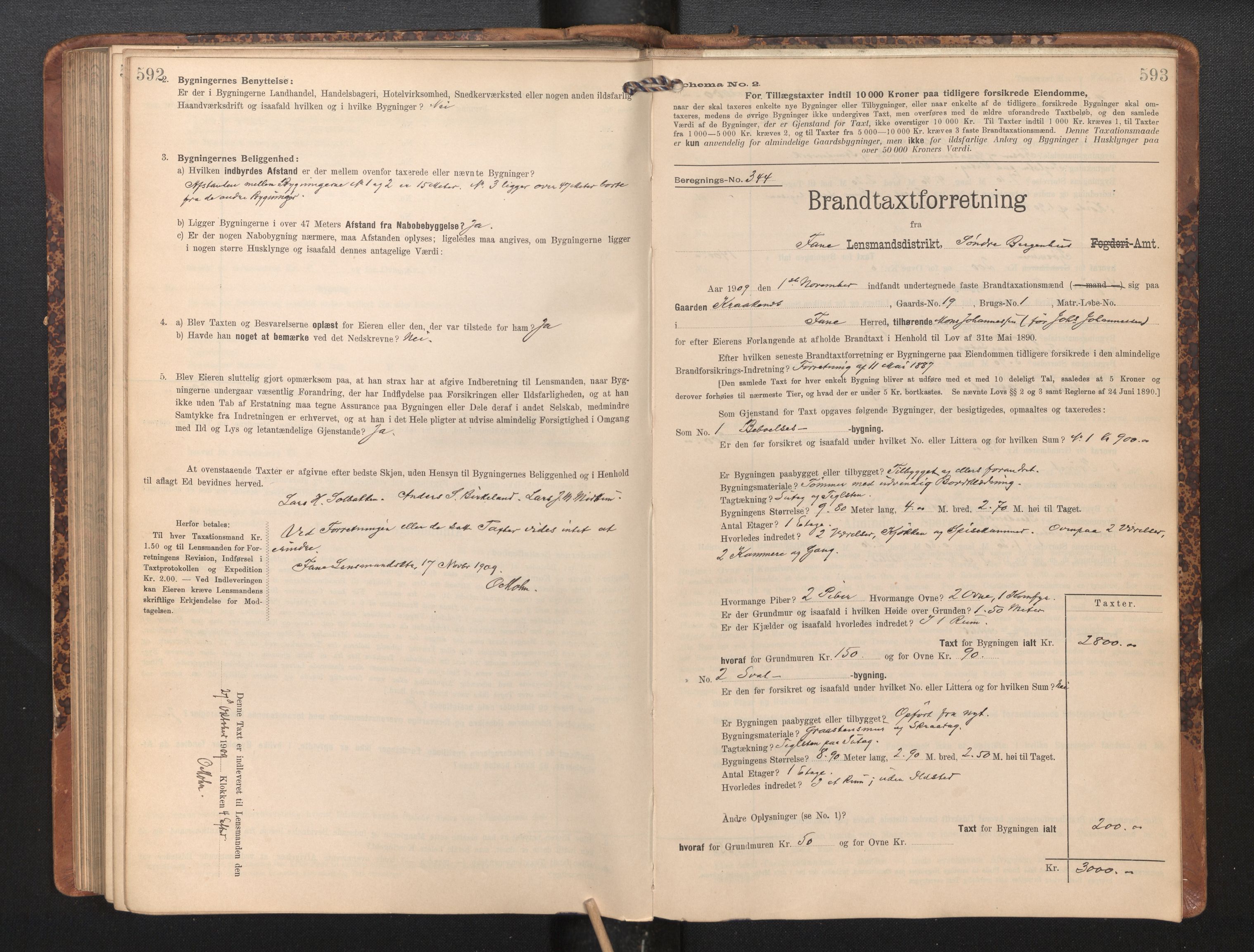 Lensmannen i Fana, AV/SAB-A-31801/0012/L0018: Branntakstprotokoll skjematakst, 1907-1910, p. 592-593