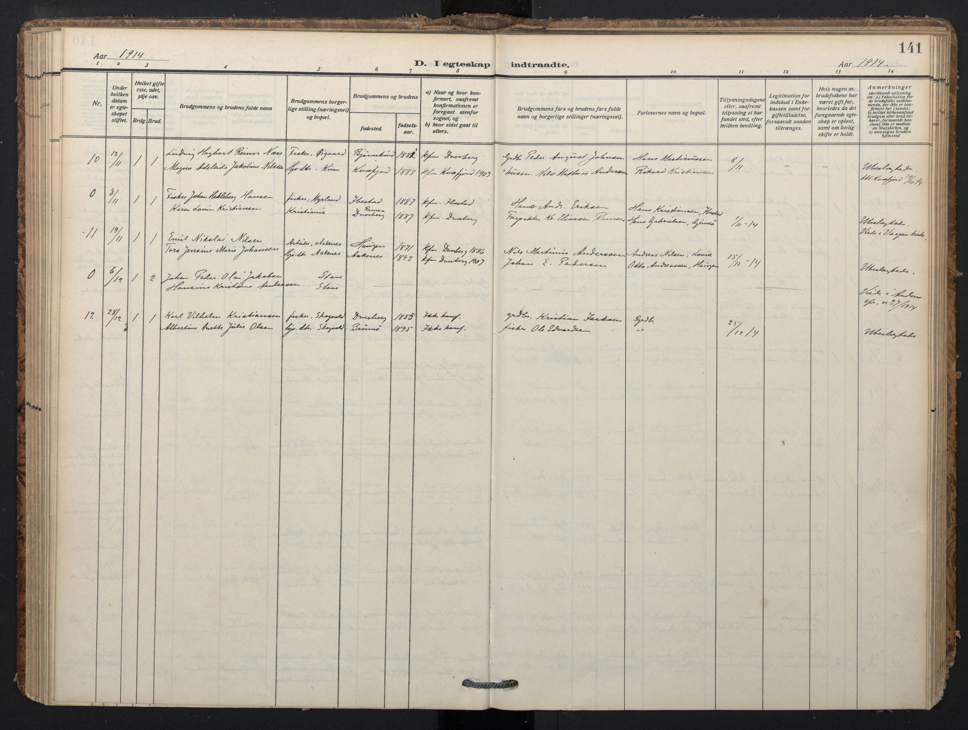 Ministerialprotokoller, klokkerbøker og fødselsregistre - Nordland, SAT/A-1459/897/L1401: Parish register (official) no. 897A08, 1909-1921, p. 141