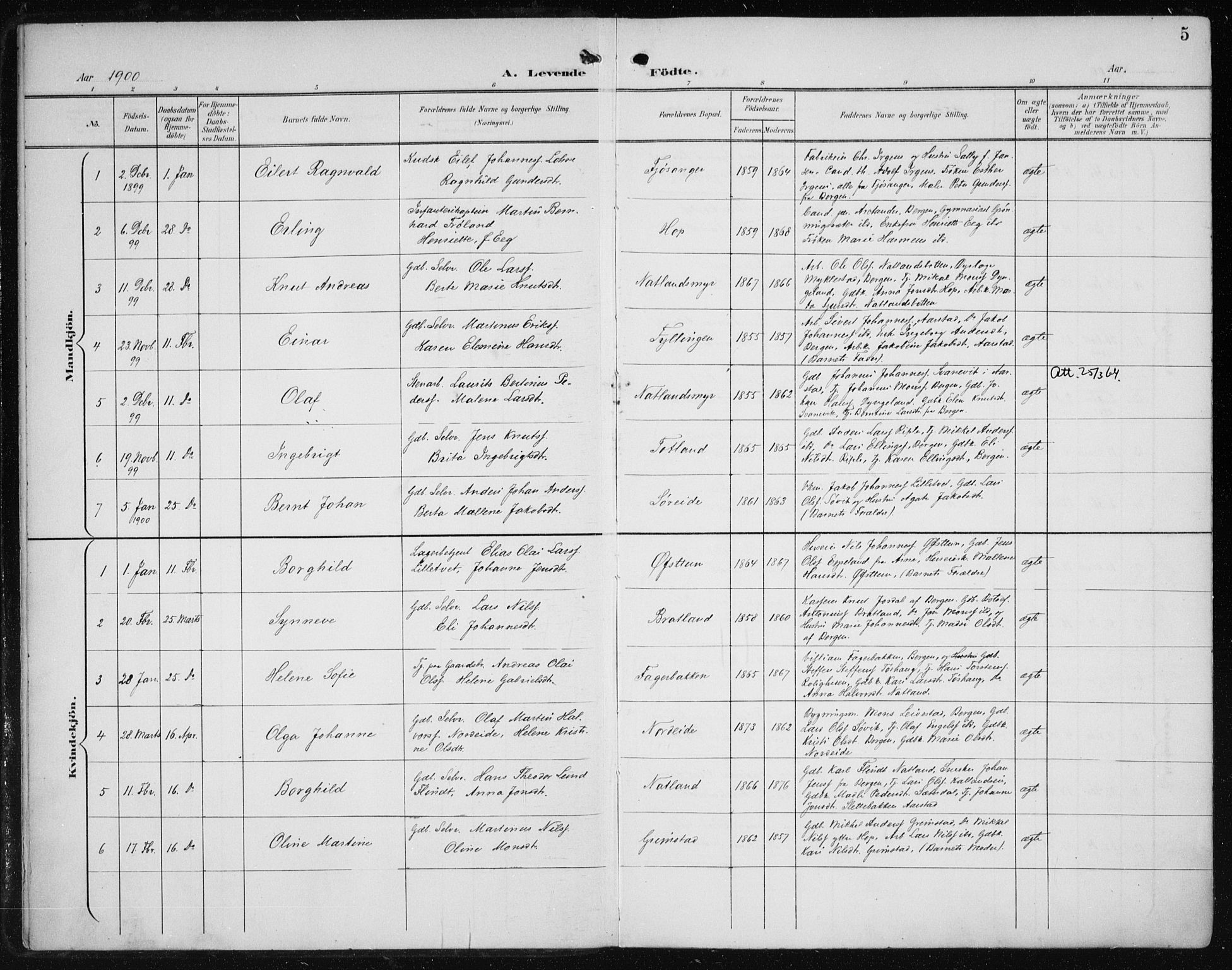 Fana Sokneprestembete, SAB/A-75101/H/Haa/Haai/L0003: Parish register (official) no. I 3, 1900-1912, p. 5