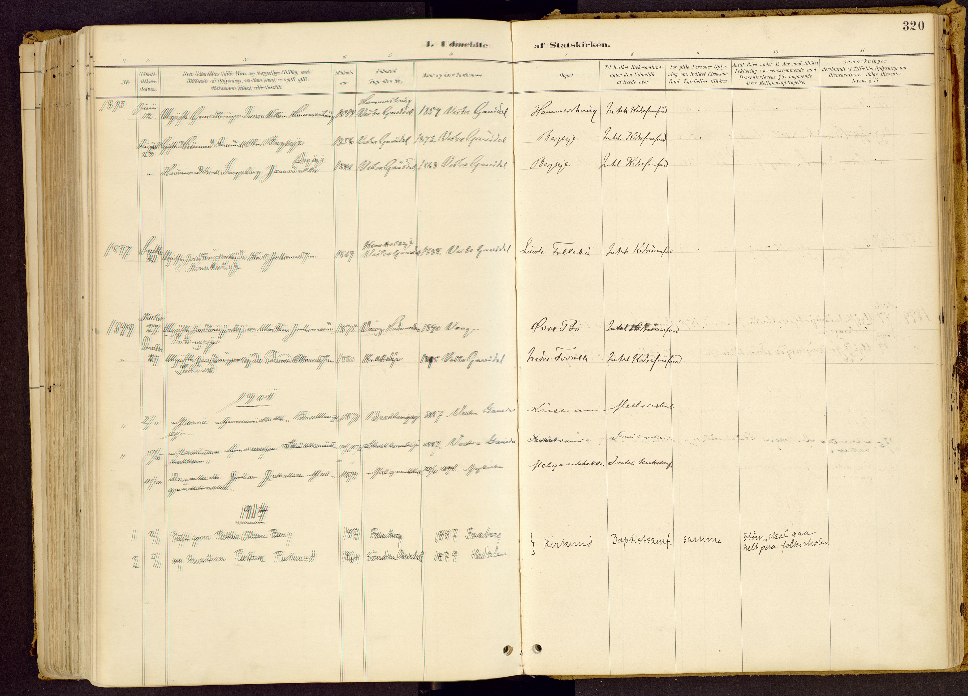 Vestre Gausdal prestekontor, SAH/PREST-094/H/Ha/Haa/L0001: Parish register (official) no. 1, 1887-1914, p. 320