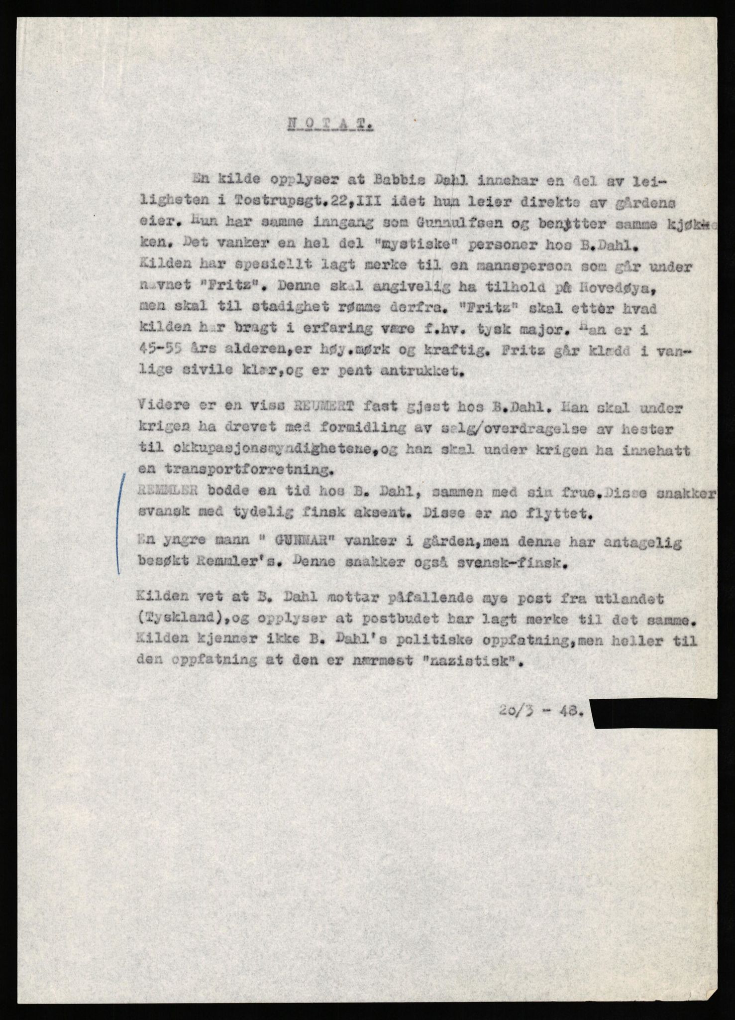 Forsvaret, Forsvarets overkommando II, AV/RA-RAFA-3915/D/Db/L0027: CI Questionaires. Tyske okkupasjonsstyrker i Norge. Tyskere., 1945-1946, p. 226