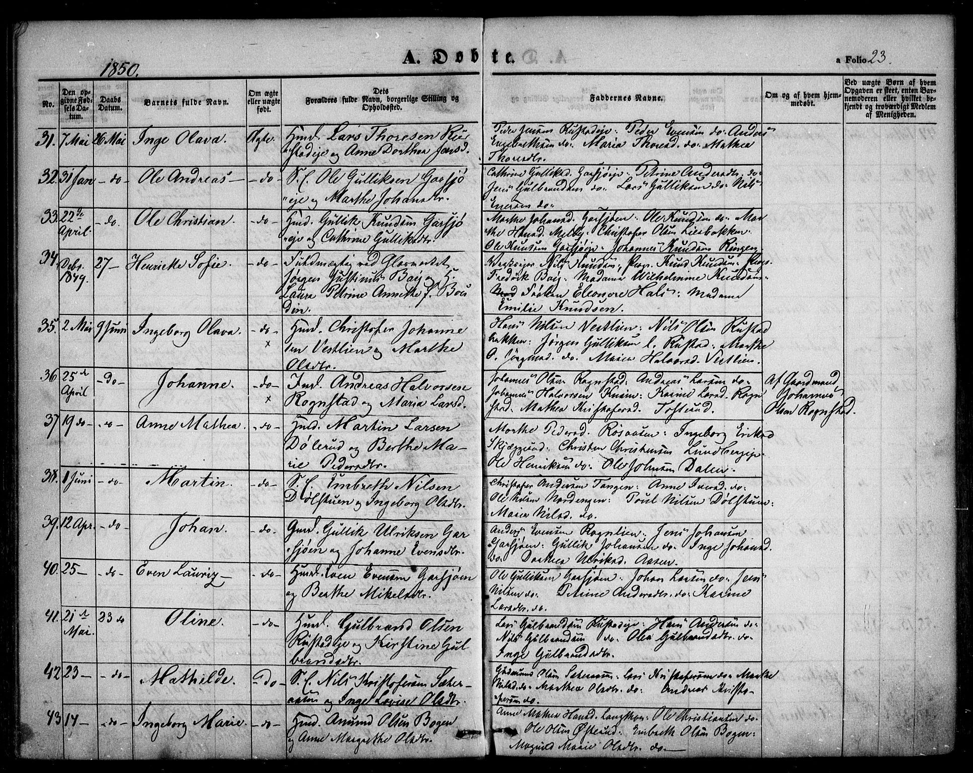 Hurdal prestekontor Kirkebøker, SAO/A-10889/F/Fa/L0005: Parish register (official) no. I 5, 1846-1859, p. 23