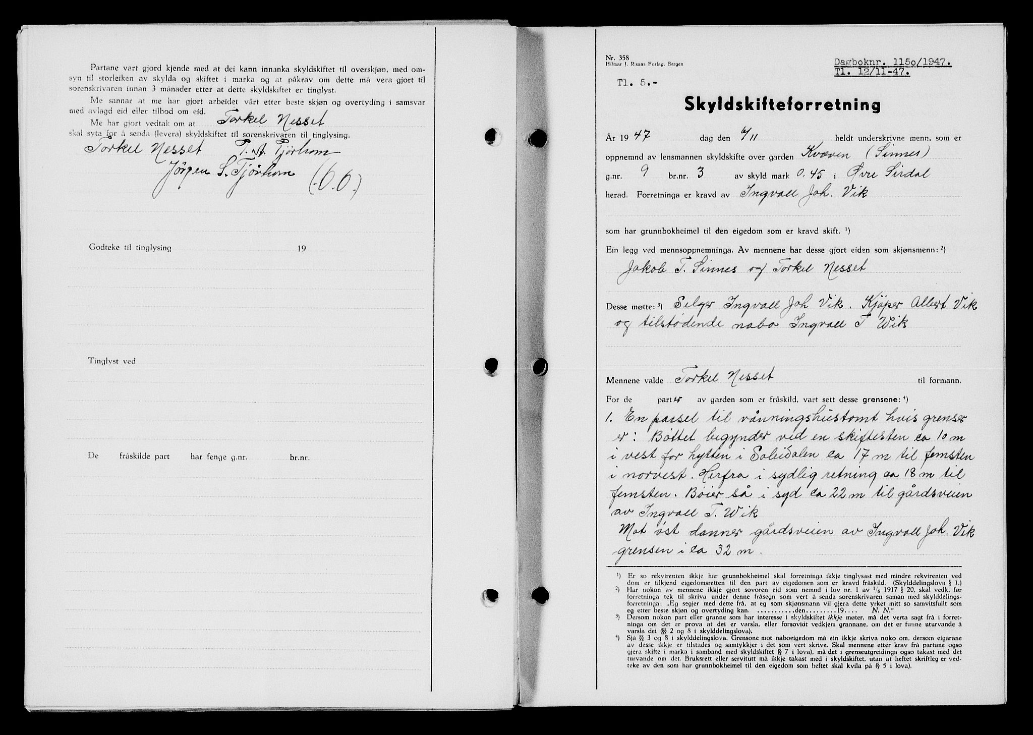 Flekkefjord sorenskriveri, SAK/1221-0001/G/Gb/Gba/L0063: Mortgage book no. A-11, 1947-1948, Diary no: : 1150/1947