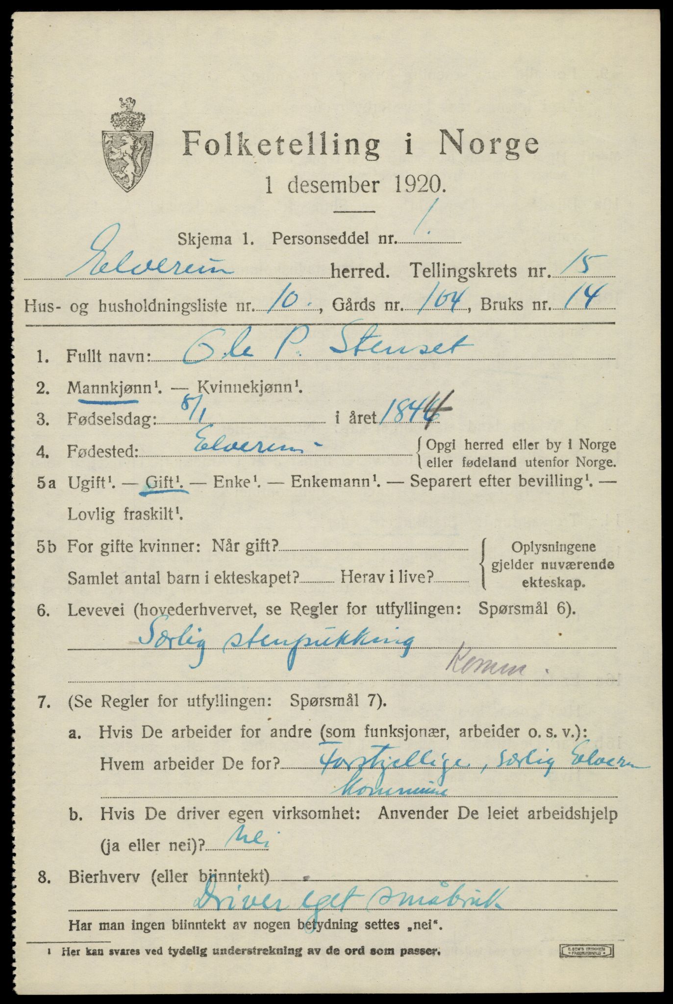 SAH, 1920 census for Elverum, 1920, p. 19358