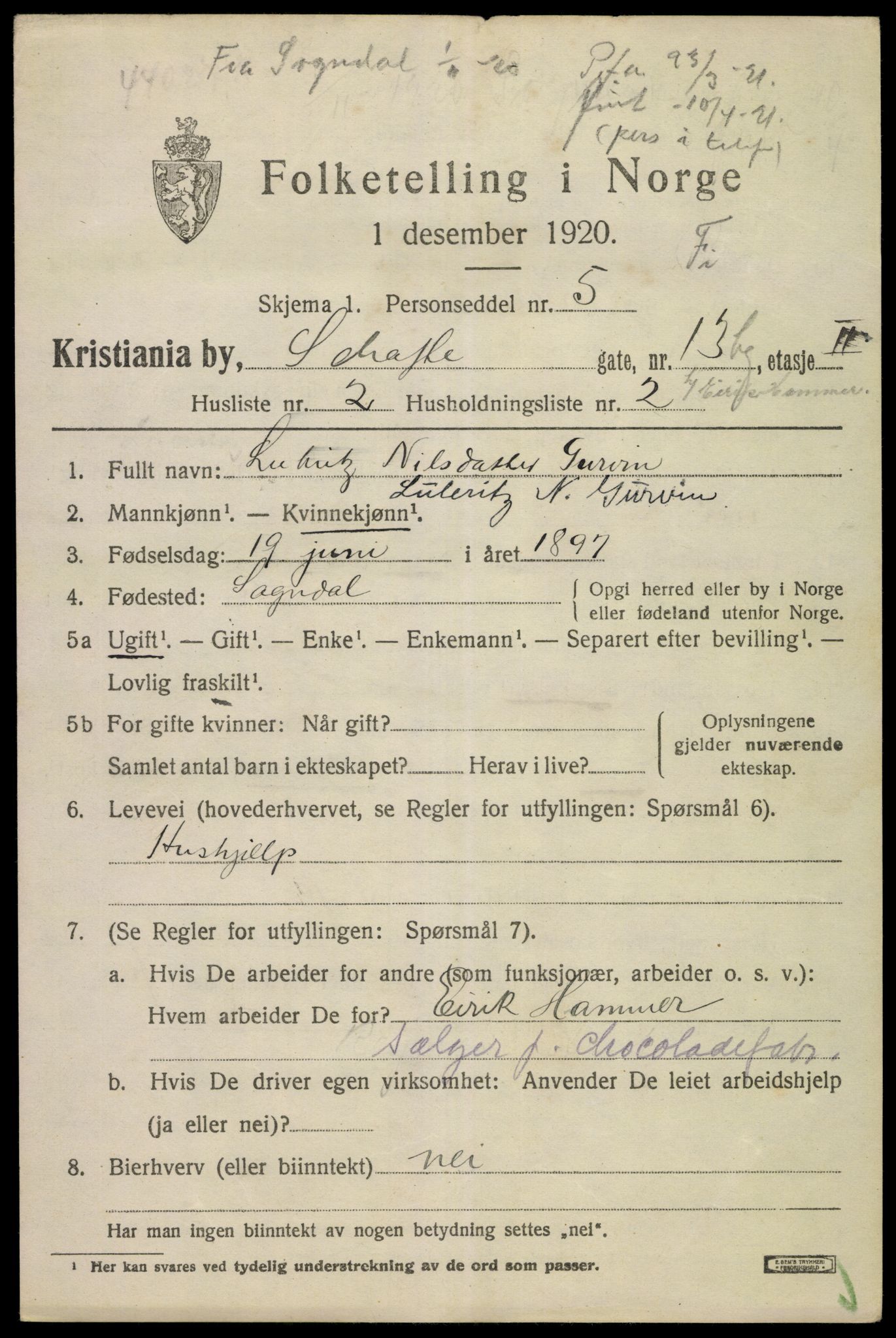 SAO, 1920 census for Kristiania, 1920, p. 487035