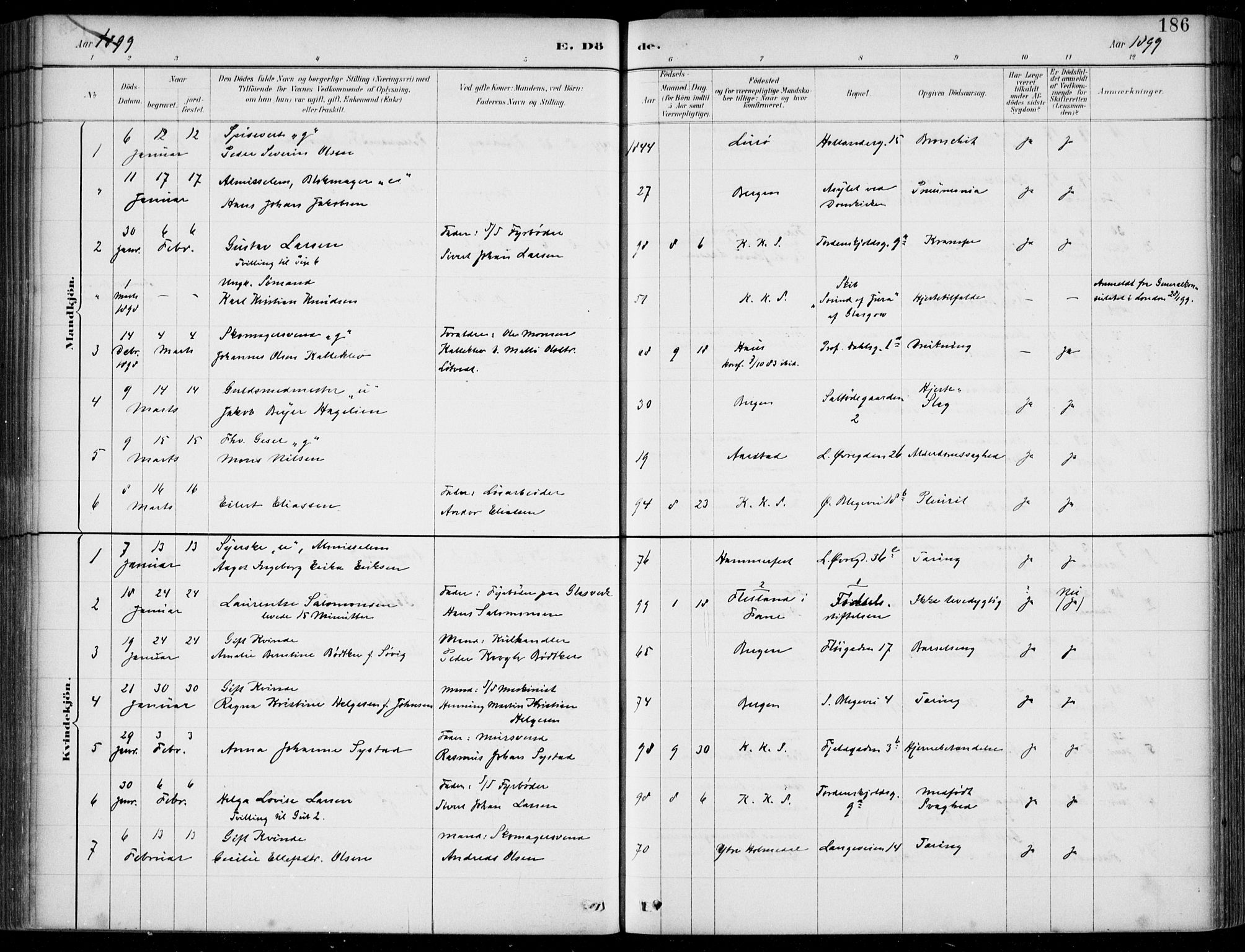 Korskirken sokneprestembete, SAB/A-76101/H/Hab: Parish register (copy) no. E 4, 1884-1910, p. 186