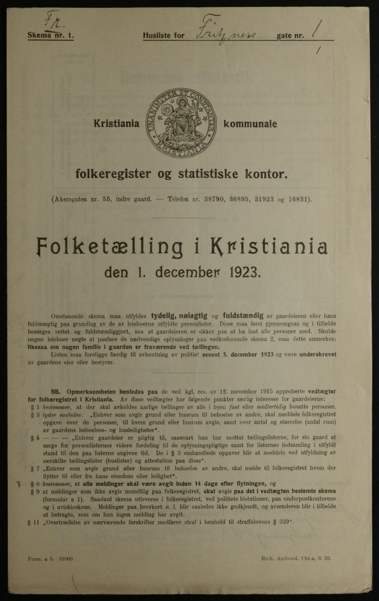 OBA, Municipal Census 1923 for Kristiania, 1923, p. 30458