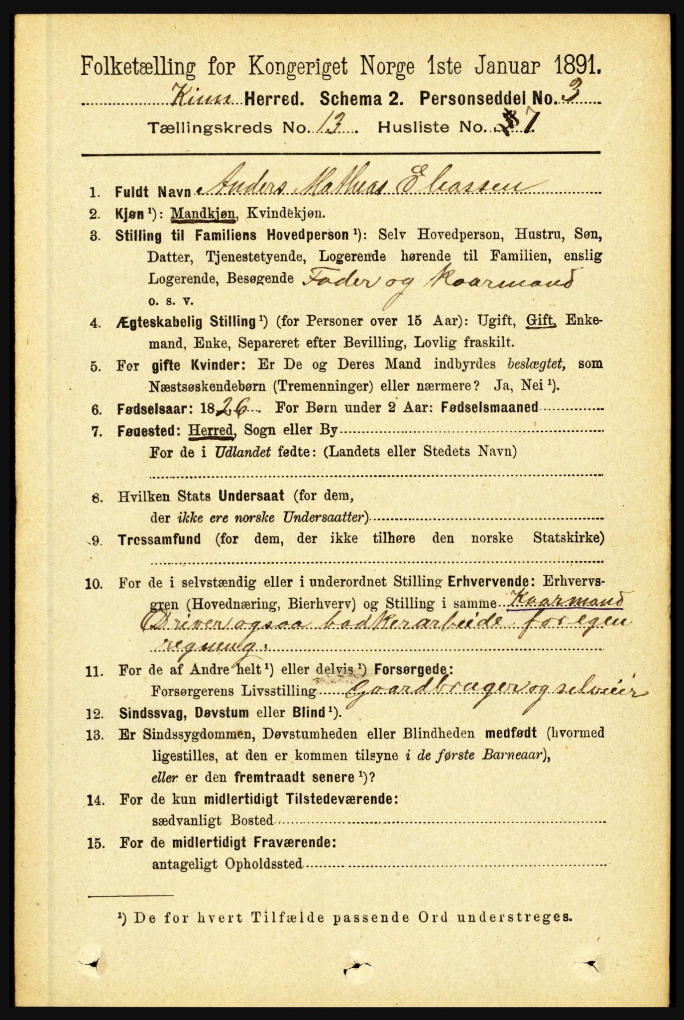 RA, 1891 census for 1437 Kinn, 1891, p. 5095