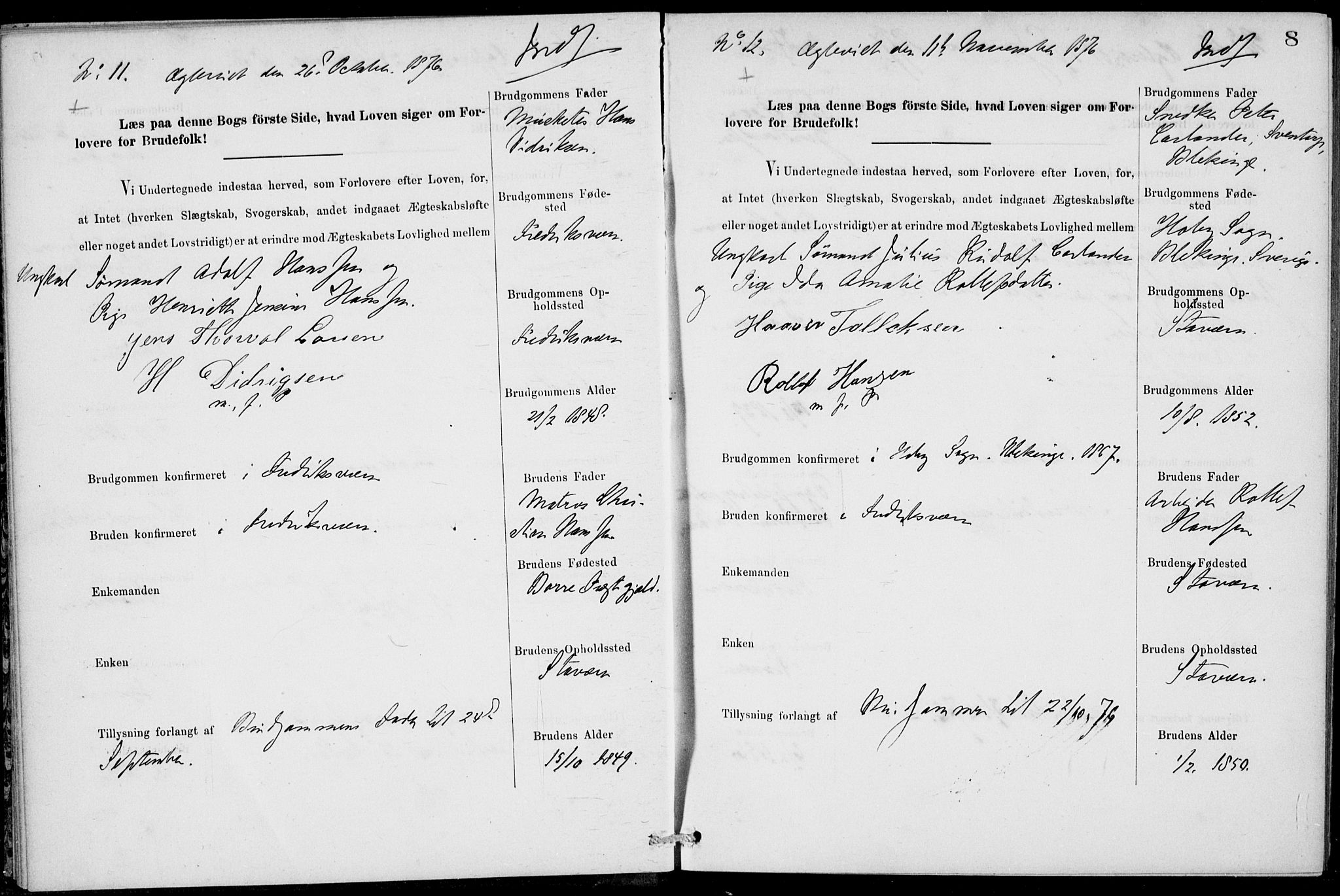 Stavern kirkebøker, AV/SAKO-A-318/H/Ha/L0001: Banns register no. 1, 1875-1918, p. 8